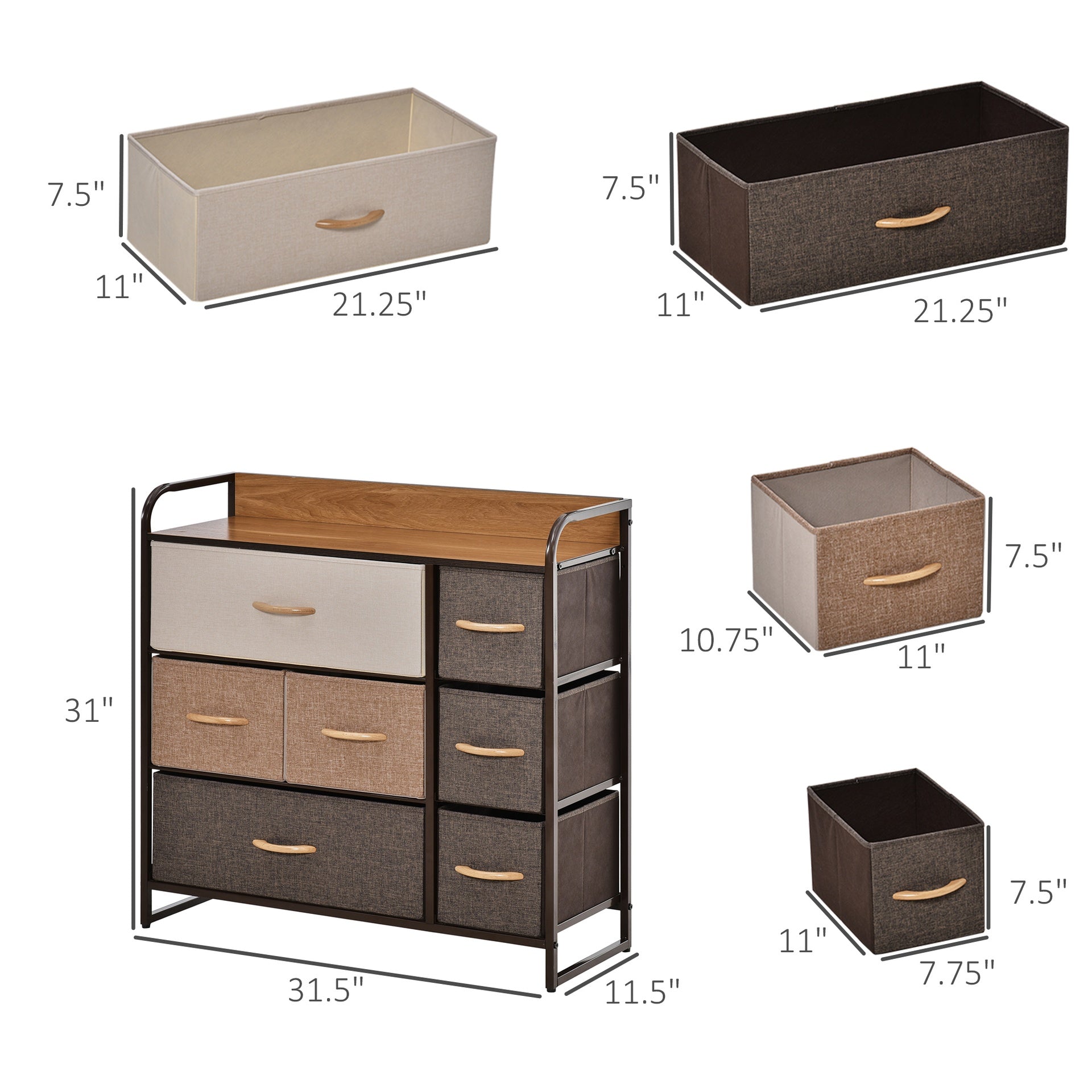 HOMCOM 3-Tier Storage Organizer for Bedroom Entryway, 7-Drawer Dresser with Steel Frame for Bedroom, Maple Wood