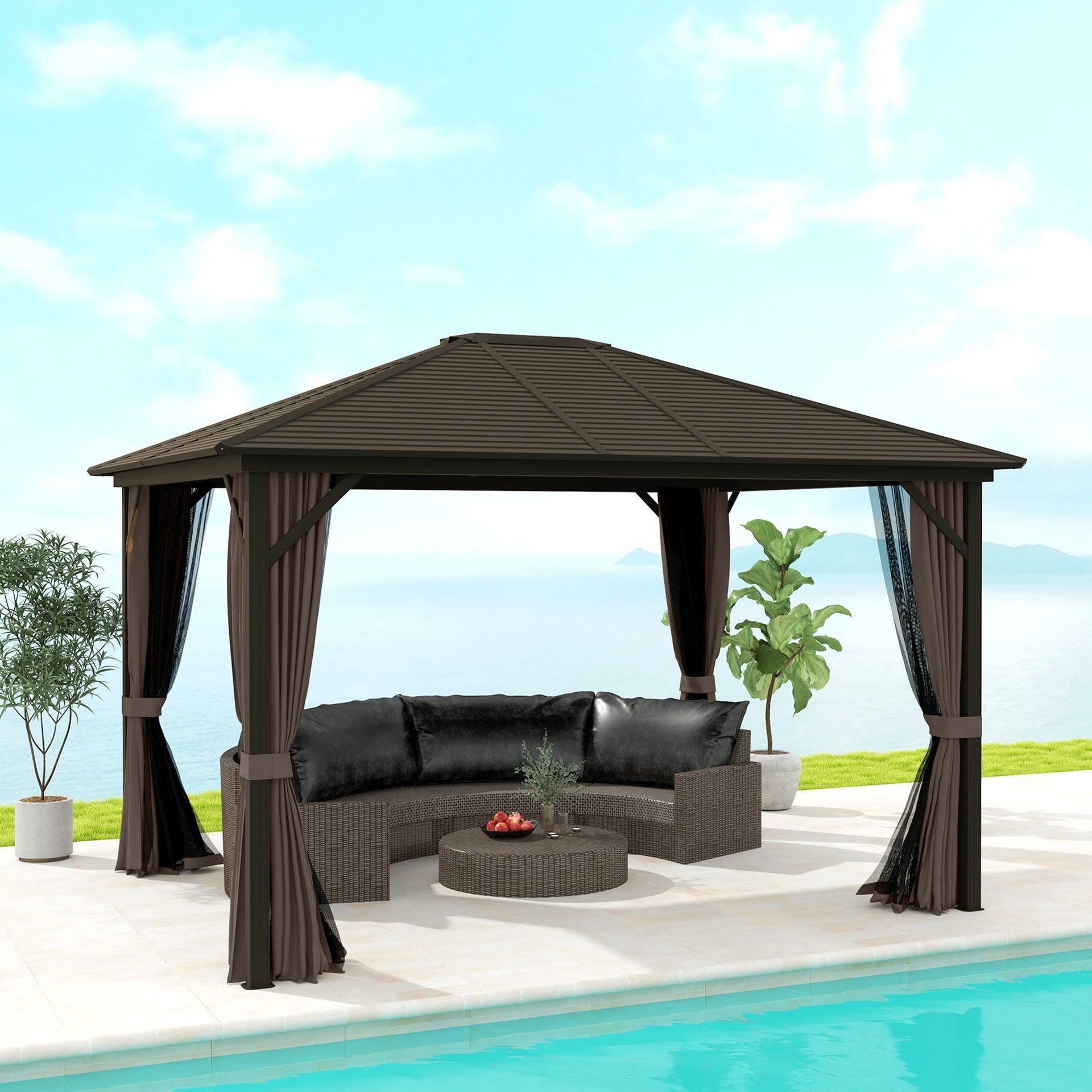 Outsunny 10' x 12' Hardtop Gazebo with Curtains and Netting, Gazebo Canopy with Aluminum Frame and Hooks, Coffee