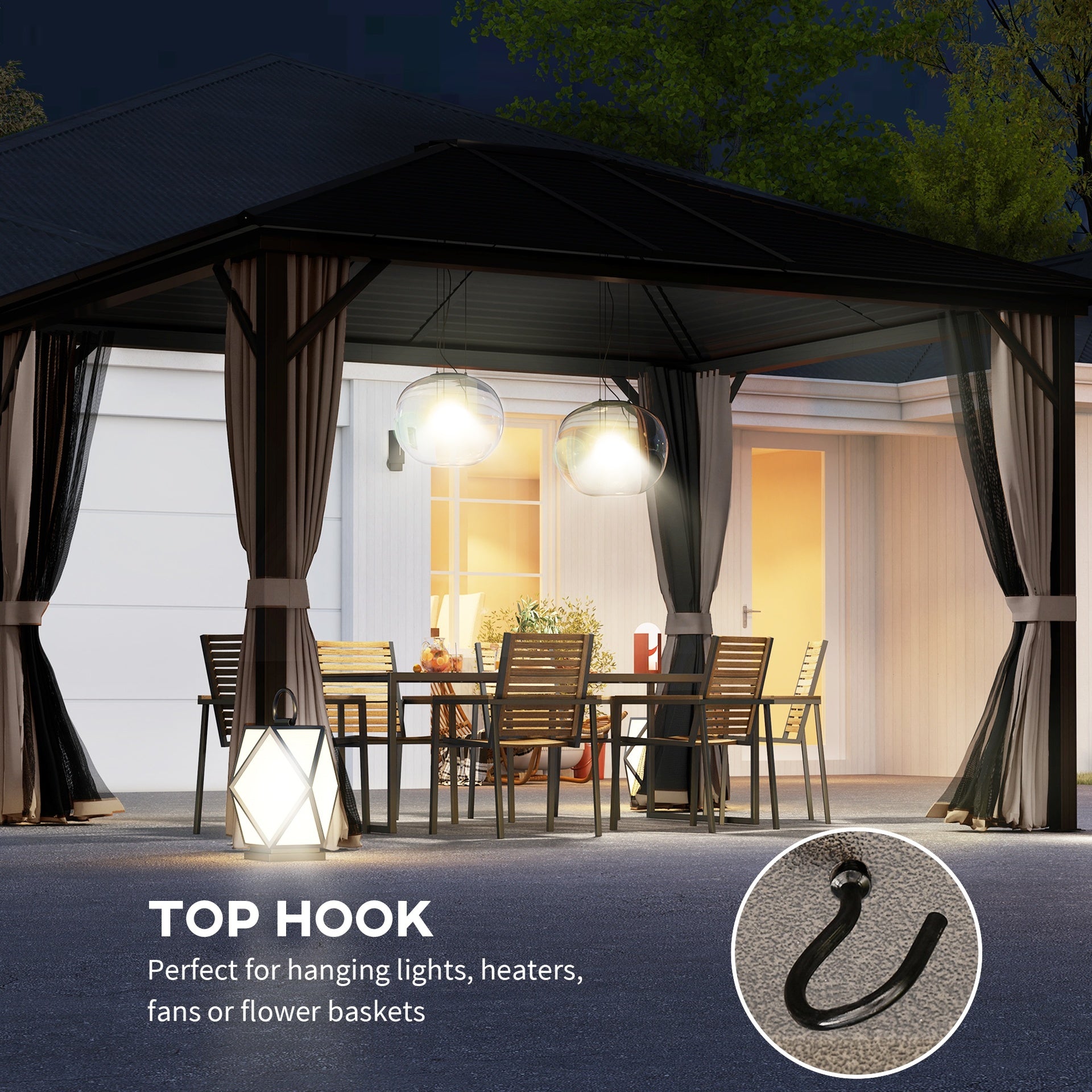Outsunny 10' x 12' Hardtop Gazebo with Curtains and Netting, Gazebo Canopy with Aluminum Frame and Hooks, Coffee