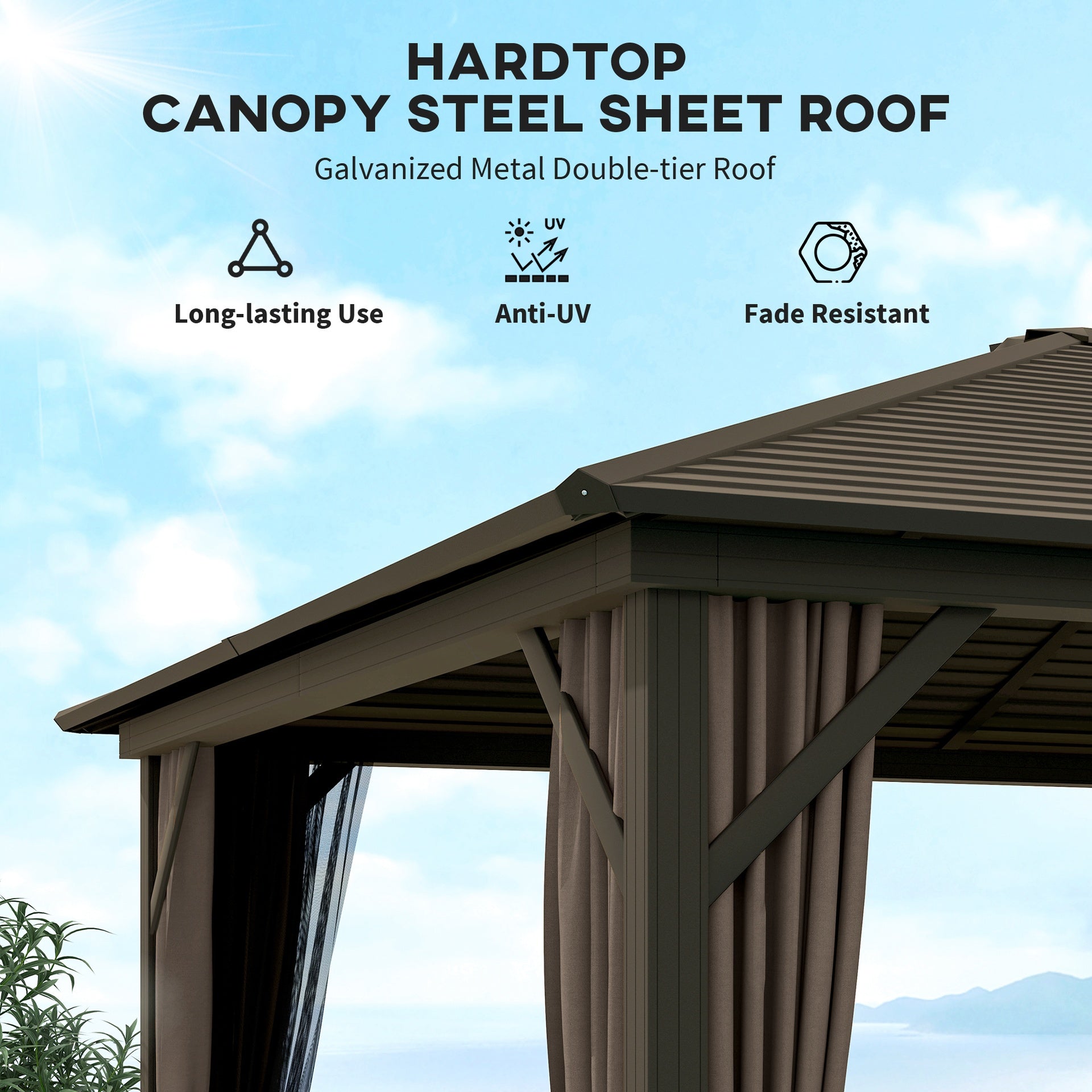 Outsunny 10' x 12' Hardtop Gazebo with Curtains and Netting, Gazebo Canopy with Aluminum Frame and Hooks, Coffee