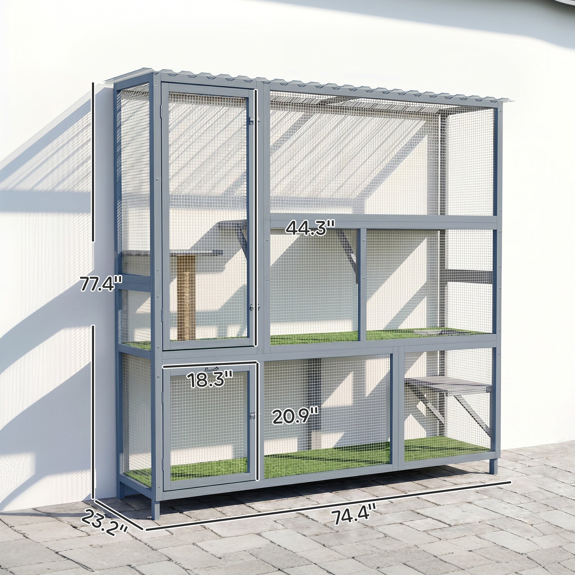 PawHut Catio Outdoor Cat Enclosure, 77" H Wooden Cat House with Weatherproof Roof, Platforms and Scratching Post