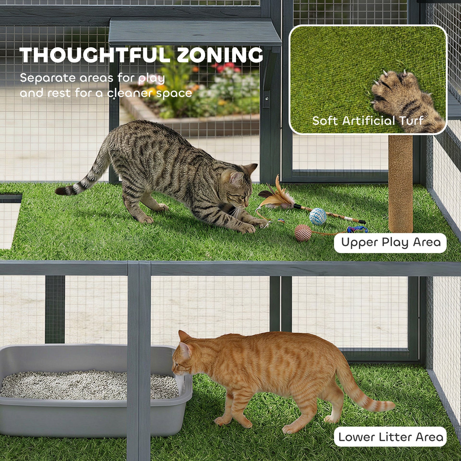 PawHut Catio Outdoor Cat Enclosure, 77" H Wooden Cat House with Weatherproof Roof, Platforms and Scratching Post