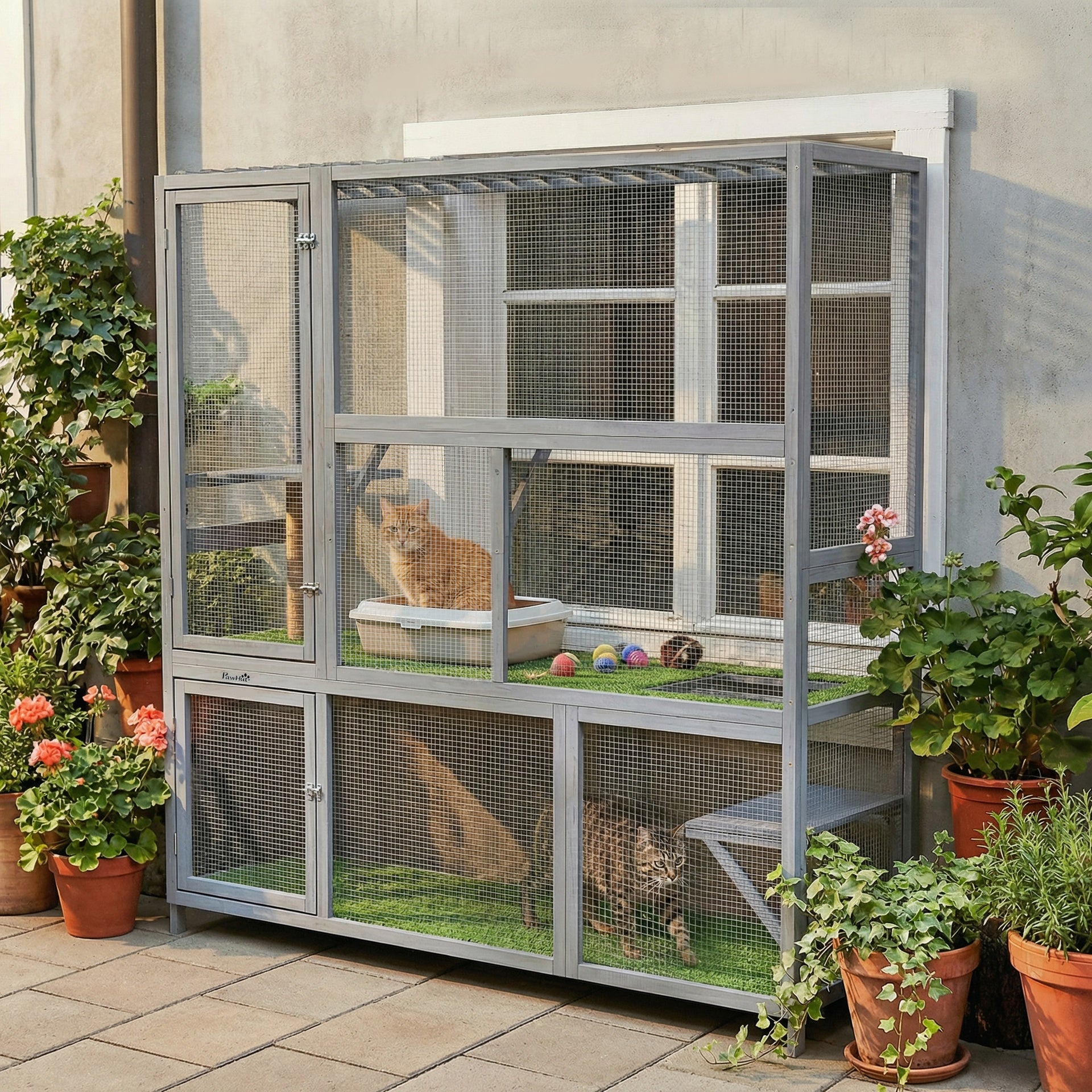 PawHut Catio Outdoor Cat Enclosure, 77" H Wooden Cat House with Weatherproof Roof, Platforms and Scratching Post