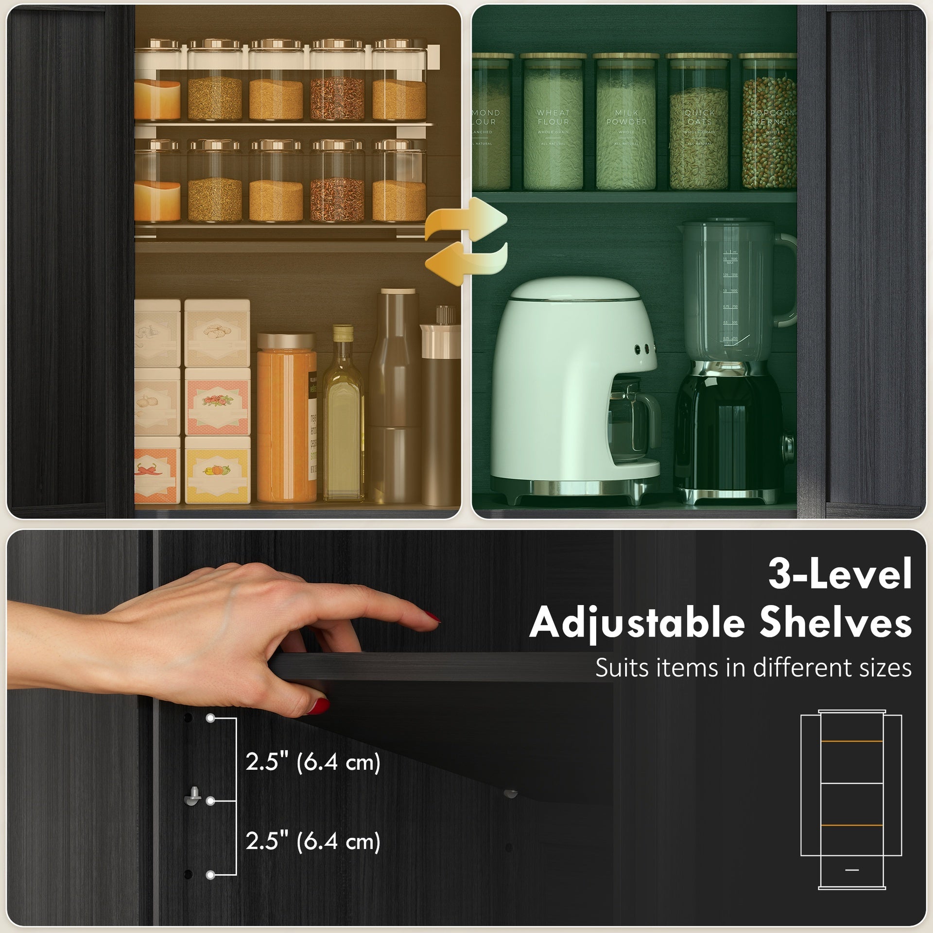 HOMCOM 71" Pantry Cabinet, Kitchen Storage Cabinet with Adjustable Shelves, Barn Doors and Drawer for Dining Room, Black