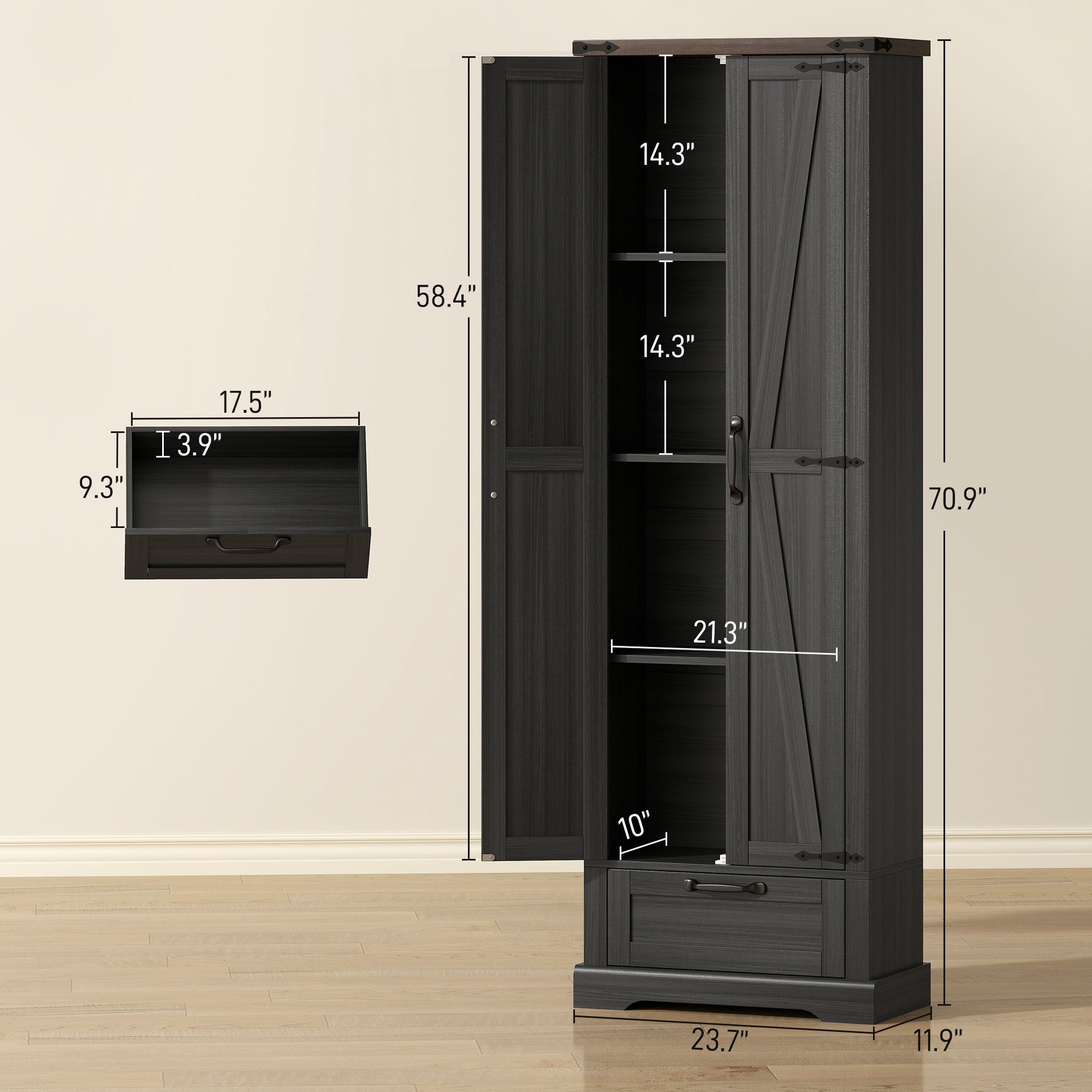 HOMCOM 71" Pantry Cabinet, Kitchen Storage Cabinet with Adjustable Shelves, Barn Doors and Drawer for Dining Room, Black