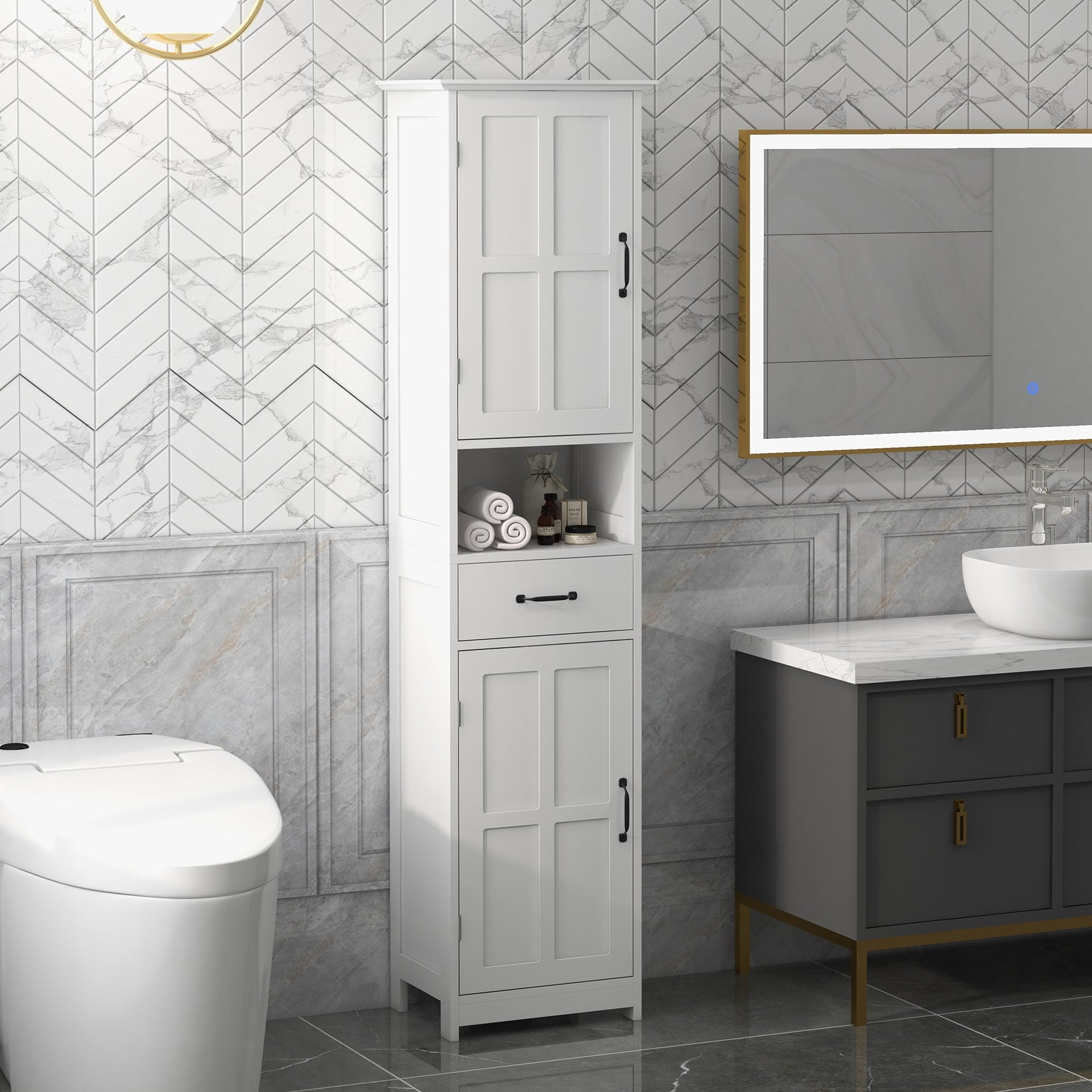 kleankin Modern Bathroom Cabinet, Narrow Storage Cabinet with Open Shelf, Drawer, Recessed Doors and Adjustable Shelves, White