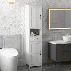 kleankin Modern Bathroom Cabinet, Narrow Storage Cabinet with Open Shelf, Drawer, Recessed Doors and Adjustable Shelves, White