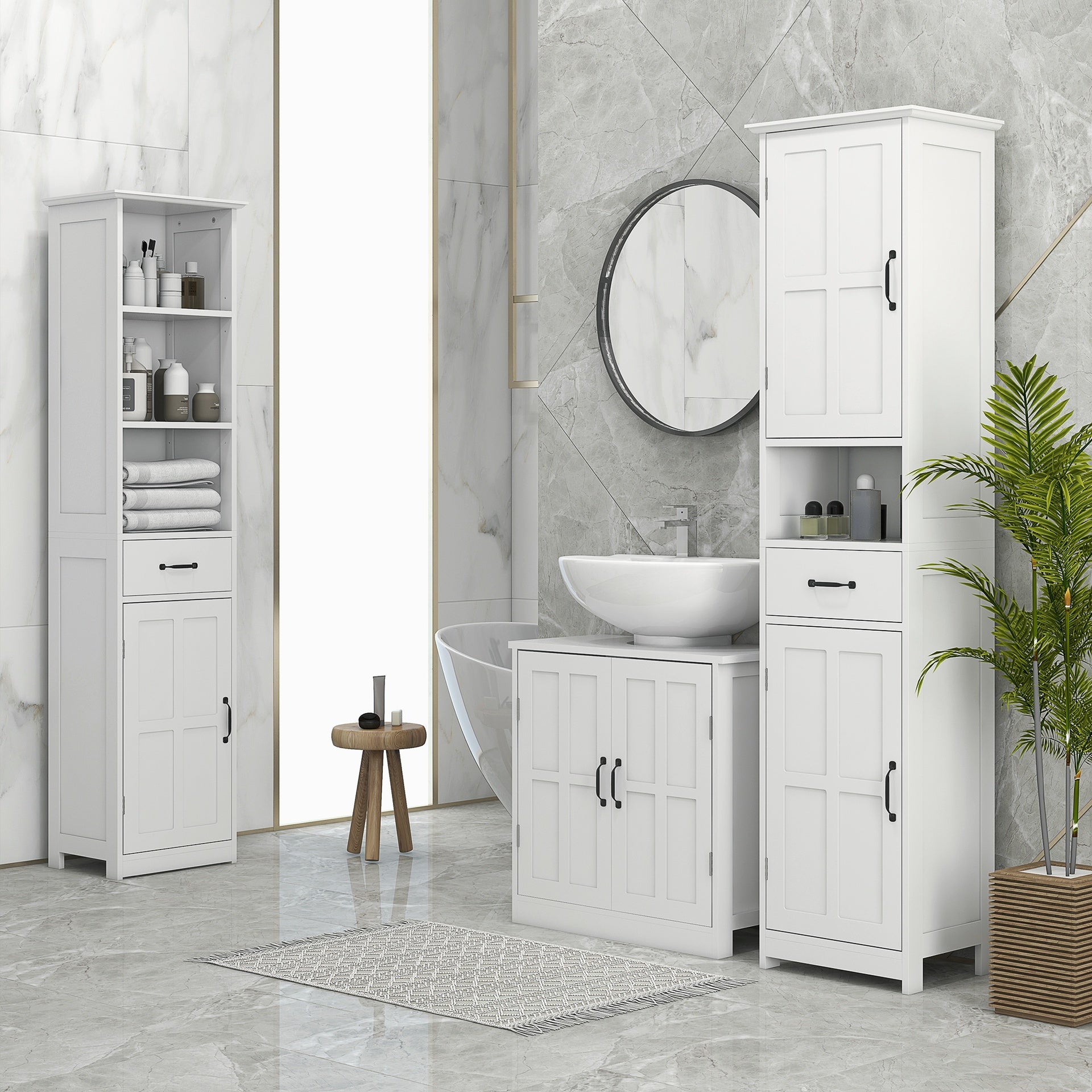kleankin Modern Bathroom Cabinet, Narrow Storage Cabinet with Open Shelf, Drawer, Recessed Doors and Adjustable Shelves, White