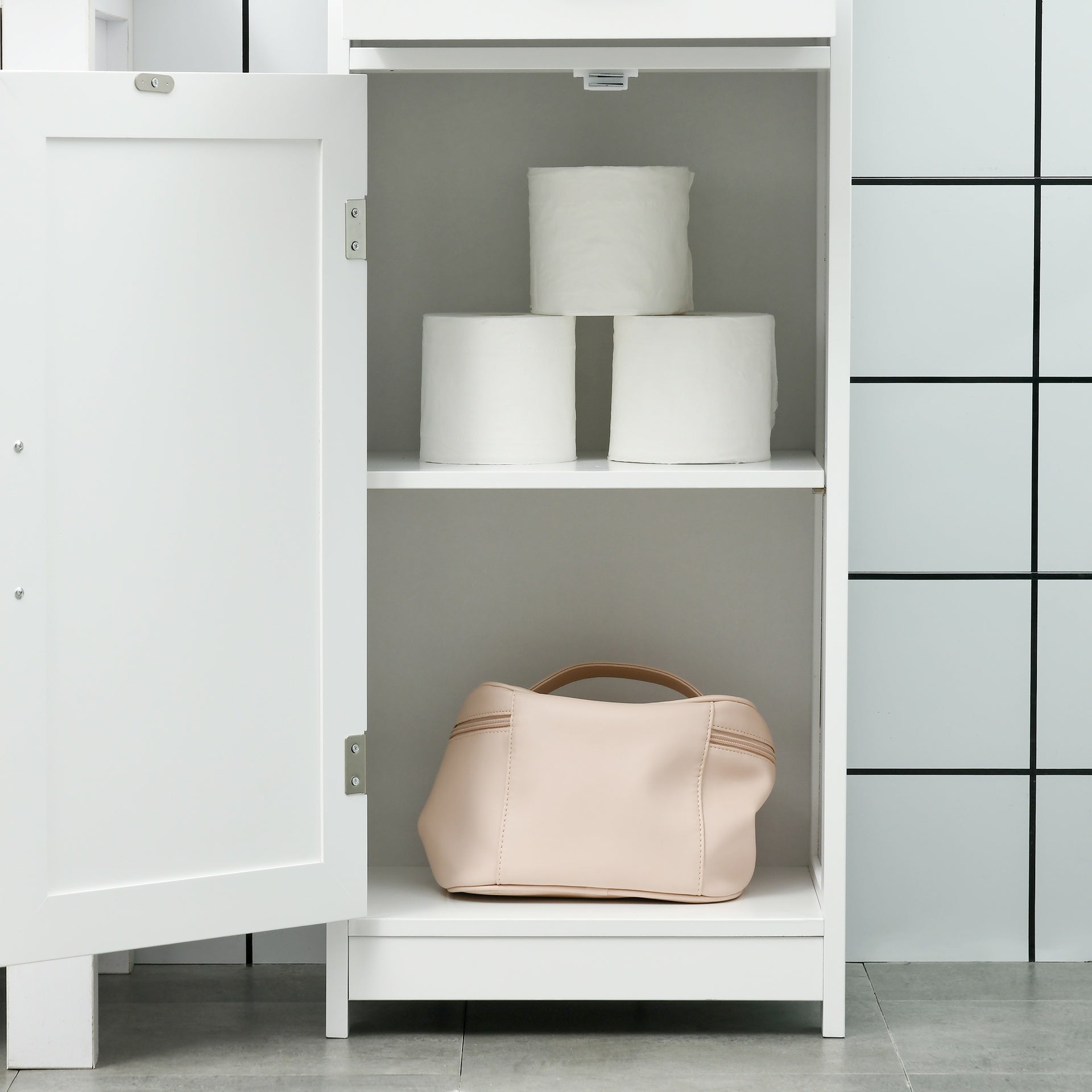 kleankin Modern Bathroom Cabinet, Narrow Storage Cabinet with Open Shelf, Drawer, Recessed Doors and Adjustable Shelves, White