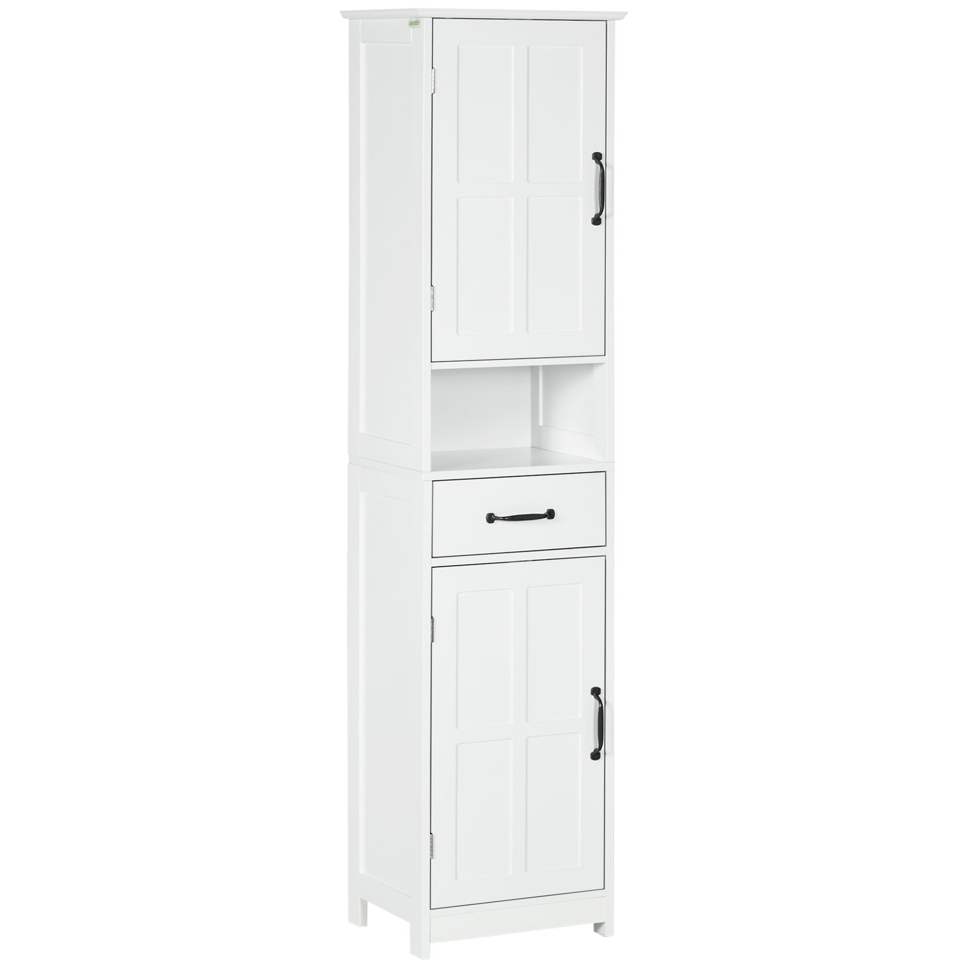 kleankin Modern Bathroom Cabinet, Narrow Storage Cabinet with Open Shelf, Drawer, Recessed Doors and Adjustable Shelves, White