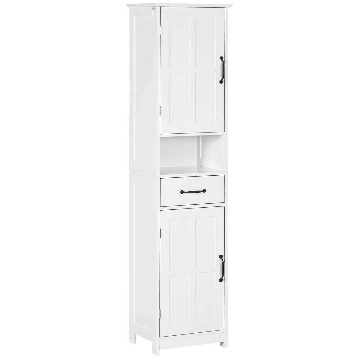 kleankin Modern Bathroom Cabinet, Narrow Storage Cabinet with Open Shelf, Drawer, Recessed Doors and Adjustable Shelves, White