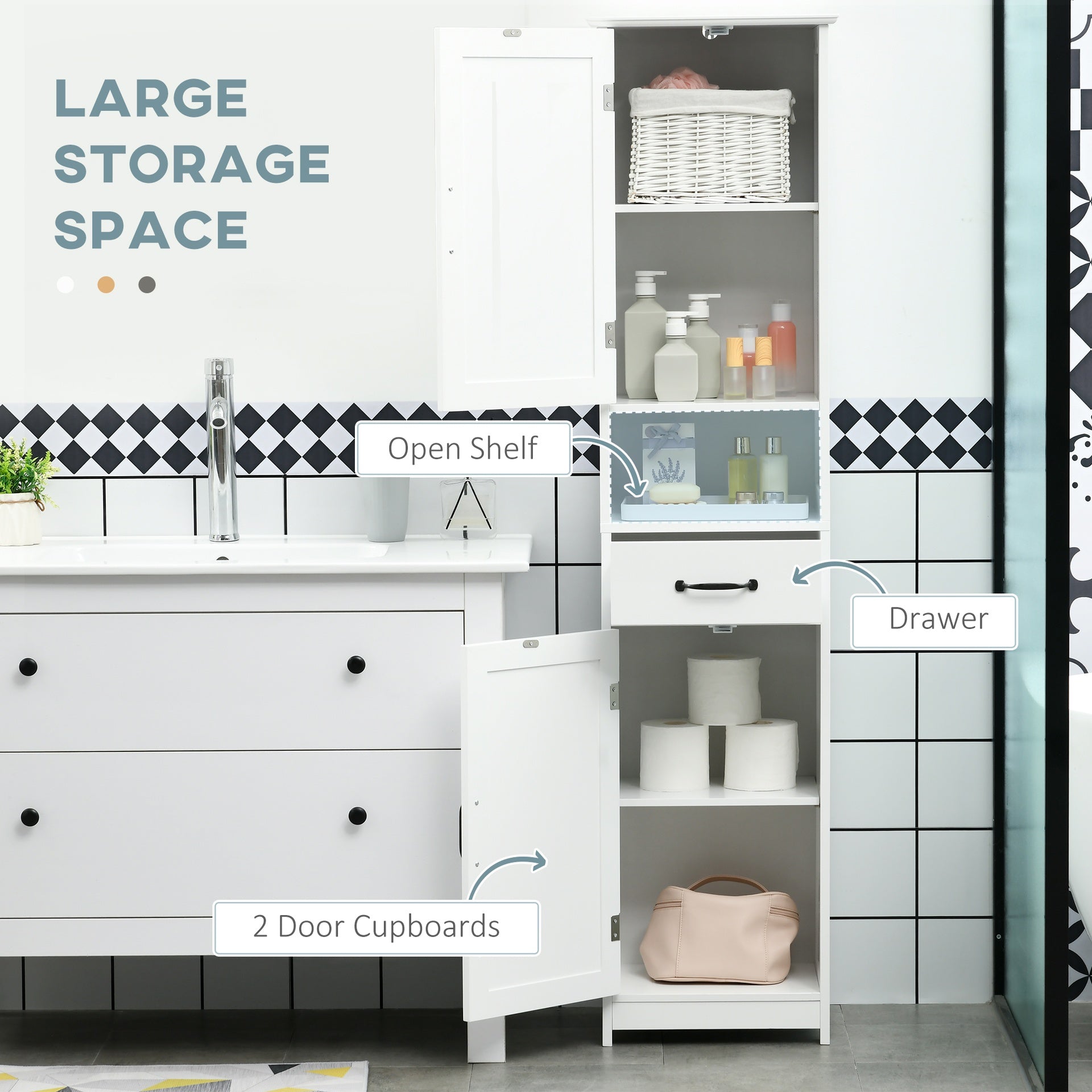 kleankin Modern Bathroom Cabinet, Narrow Storage Cabinet with Open Shelf, Drawer, Recessed Doors and Adjustable Shelves, White