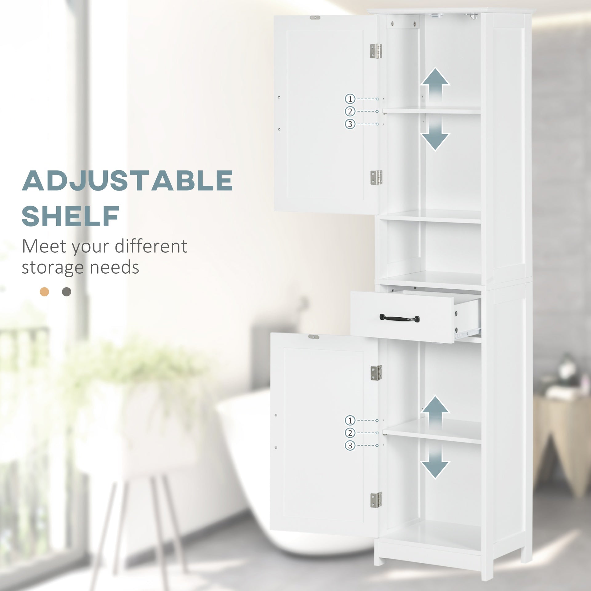 kleankin Modern Bathroom Cabinet, Narrow Storage Cabinet with Open Shelf, Drawer, Recessed Doors and Adjustable Shelves, White