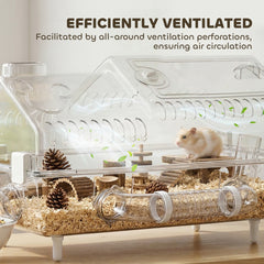 PawHut Hamster Cage with Large Wheel & Hideout, Small Animal Habitat with Accessories, Clear Pet House, 21.5" x 11.8" x 12.6",
