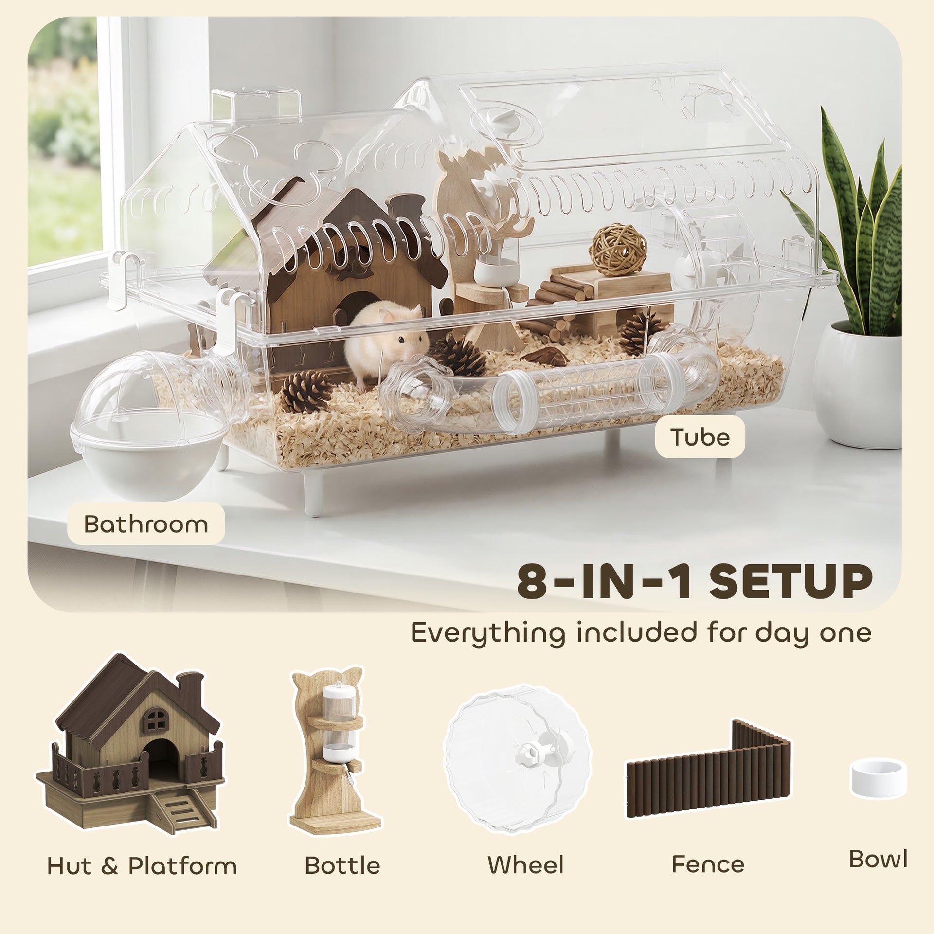 PawHut Hamster Cage with Large Wheel & Hideout, Small Animal Habitat with Accessories, Clear Pet House, 21.5" x 11.8" x 12.6",