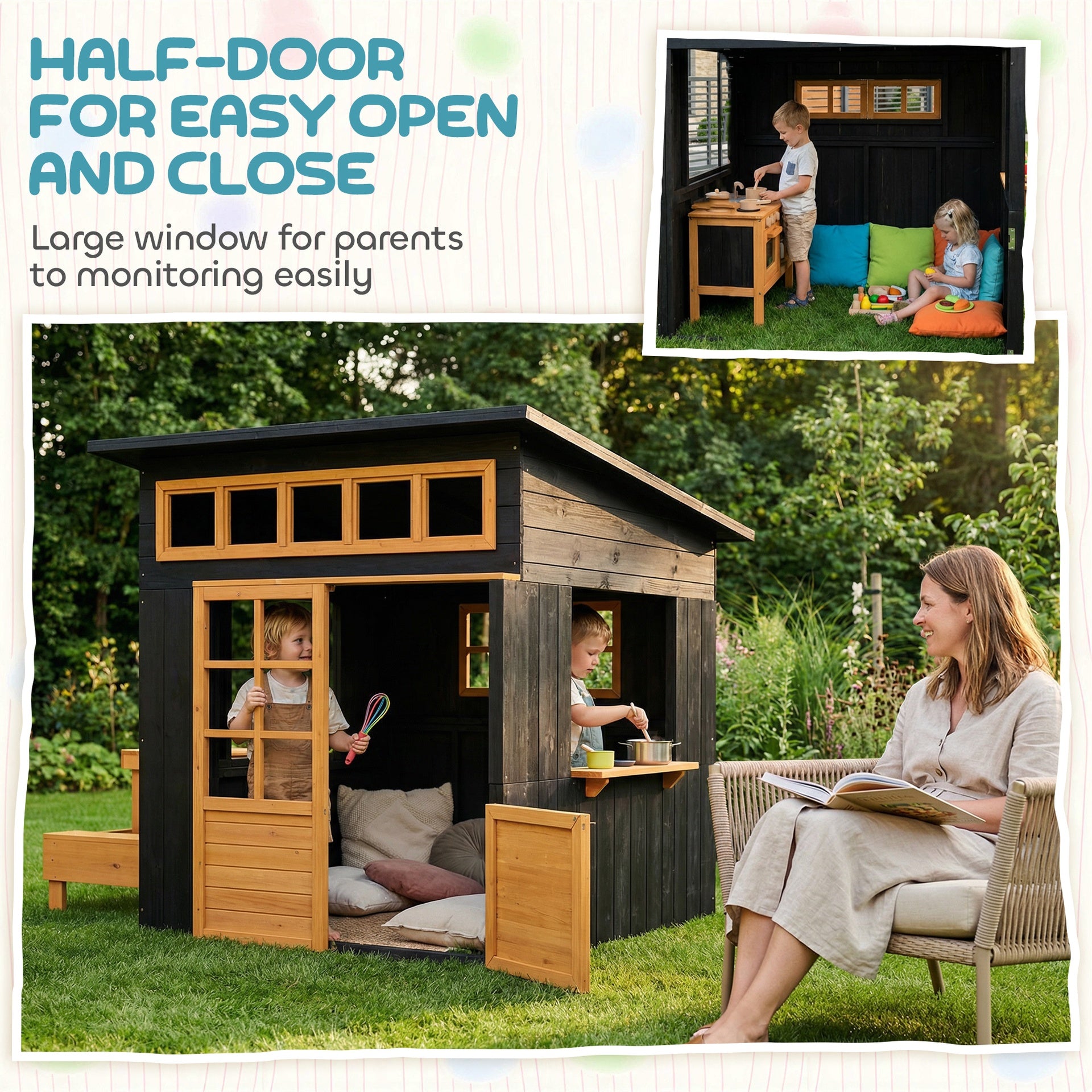 Qaba Outdoor Playhouse, Wooden Kids Playhouse w/ Picnic Table & Benches, Chalkboards, Half Door, Windows, for Kids Ages 3-8