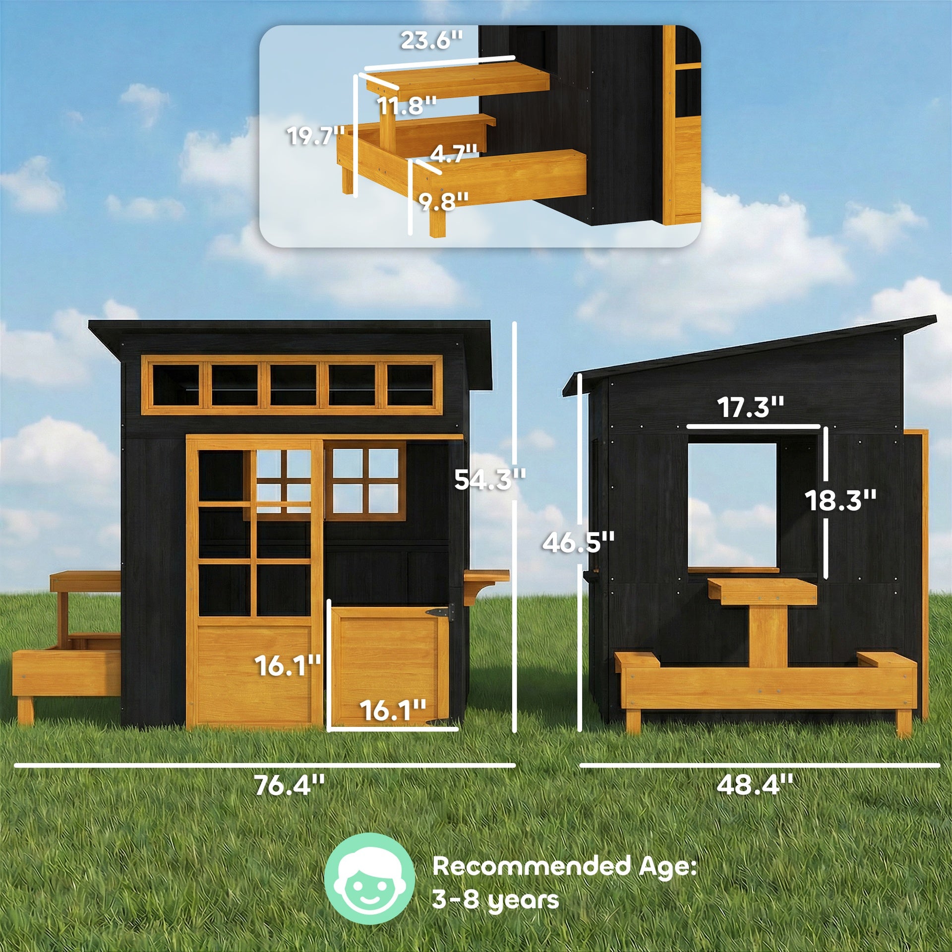 Qaba Outdoor Playhouse, Wooden Kids Playhouse w/ Picnic Table & Benches, Chalkboards, Half Door, Windows, for Kids Ages 3-8