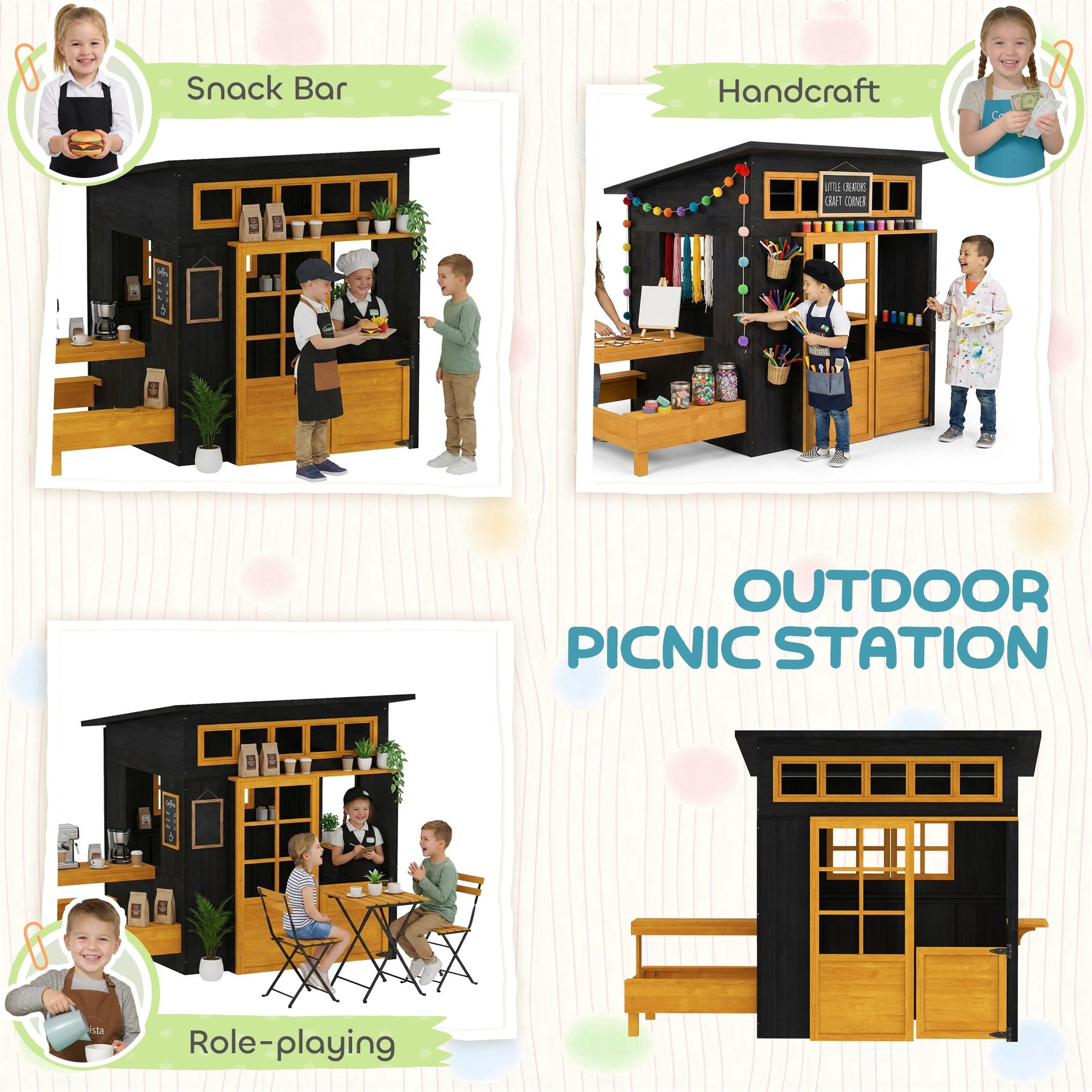 Qaba Outdoor Playhouse, Wooden Kids Playhouse w/ Picnic Table & Benches, Chalkboards, Half Door, Windows, for Kids Ages 3-8