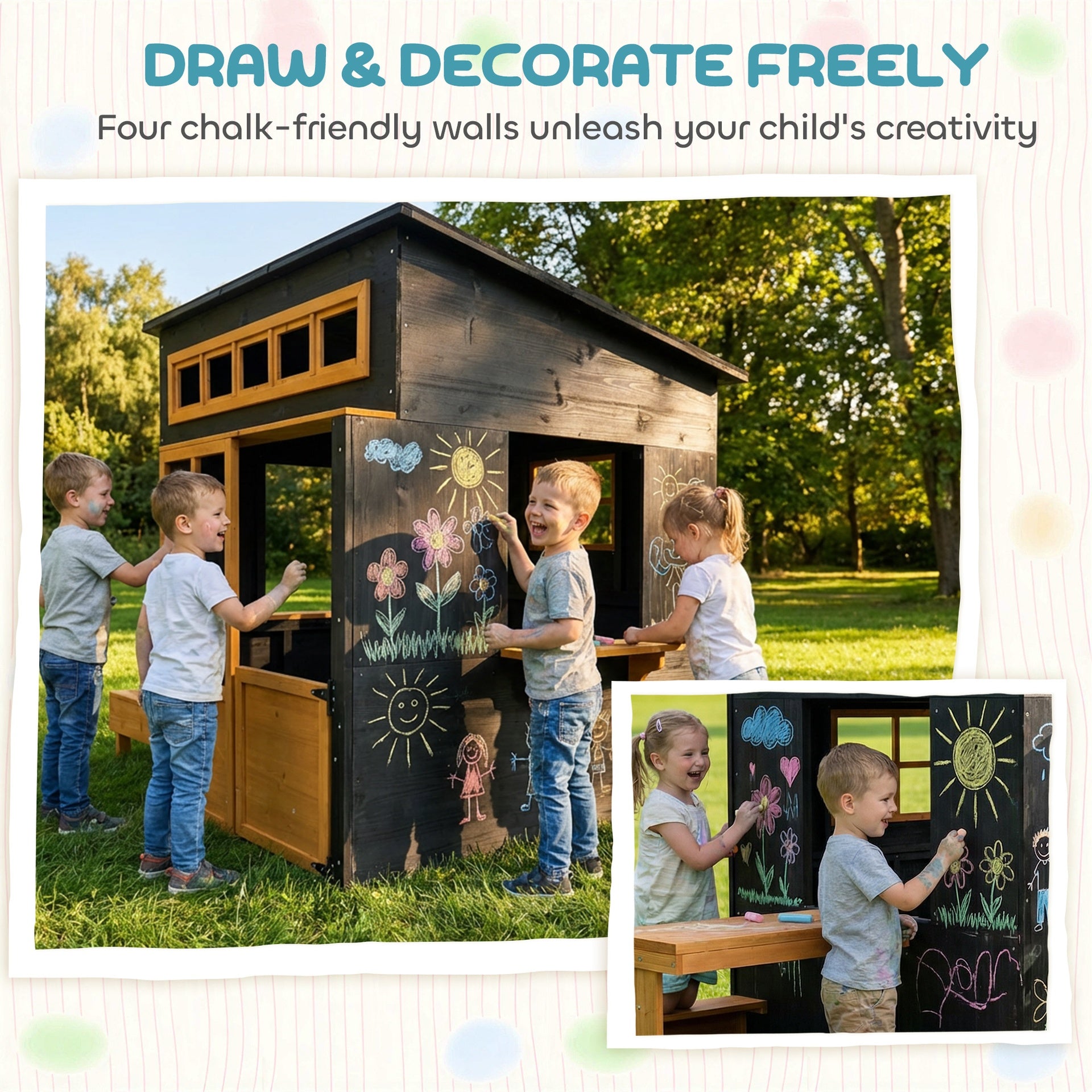 Qaba Outdoor Playhouse, Wooden Kids Playhouse w/ Picnic Table & Benches, Chalkboards, Half Door, Windows, for Kids Ages 3-8