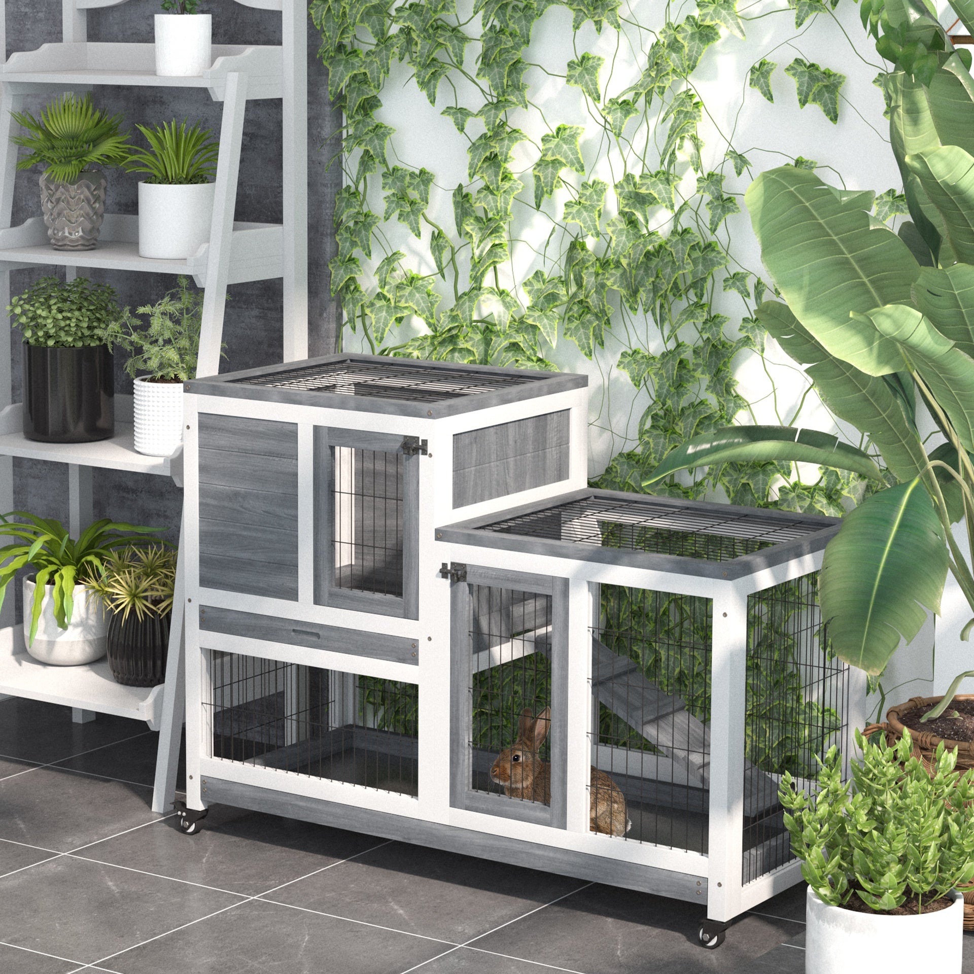PawHut Wooden Rabbit Hutch Elevated Bunny Cage Indoor Small Animal Habitat with Enclosed Run with Wheels, Ramp, Removable Tray for Rabbits, Chickens, Ducks, Guinea Pigs, Gray