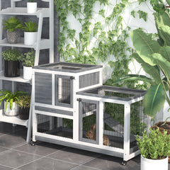 PawHut Wooden Rabbit Hutch Elevated Bunny Cage Indoor Small Animal Habitat with Enclosed Run with Wheels, Ramp, Removable Tray for Rabbits, Chickens, Ducks, Guinea Pigs, Gray