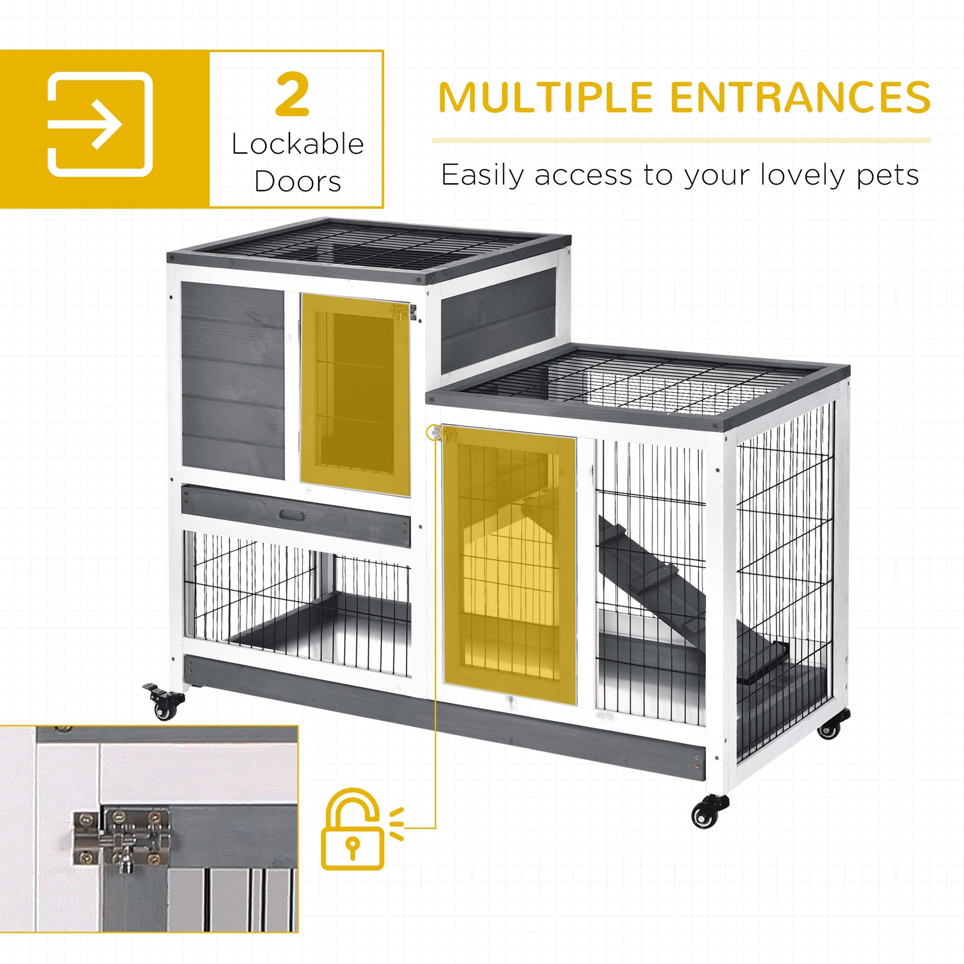PawHut Wooden Rabbit Hutch Elevated Bunny Cage Indoor Small Animal Habitat with Enclosed Run with Wheels, Ramp, Removable Tray for Rabbits, Chickens, Ducks, Guinea Pigs, Gray