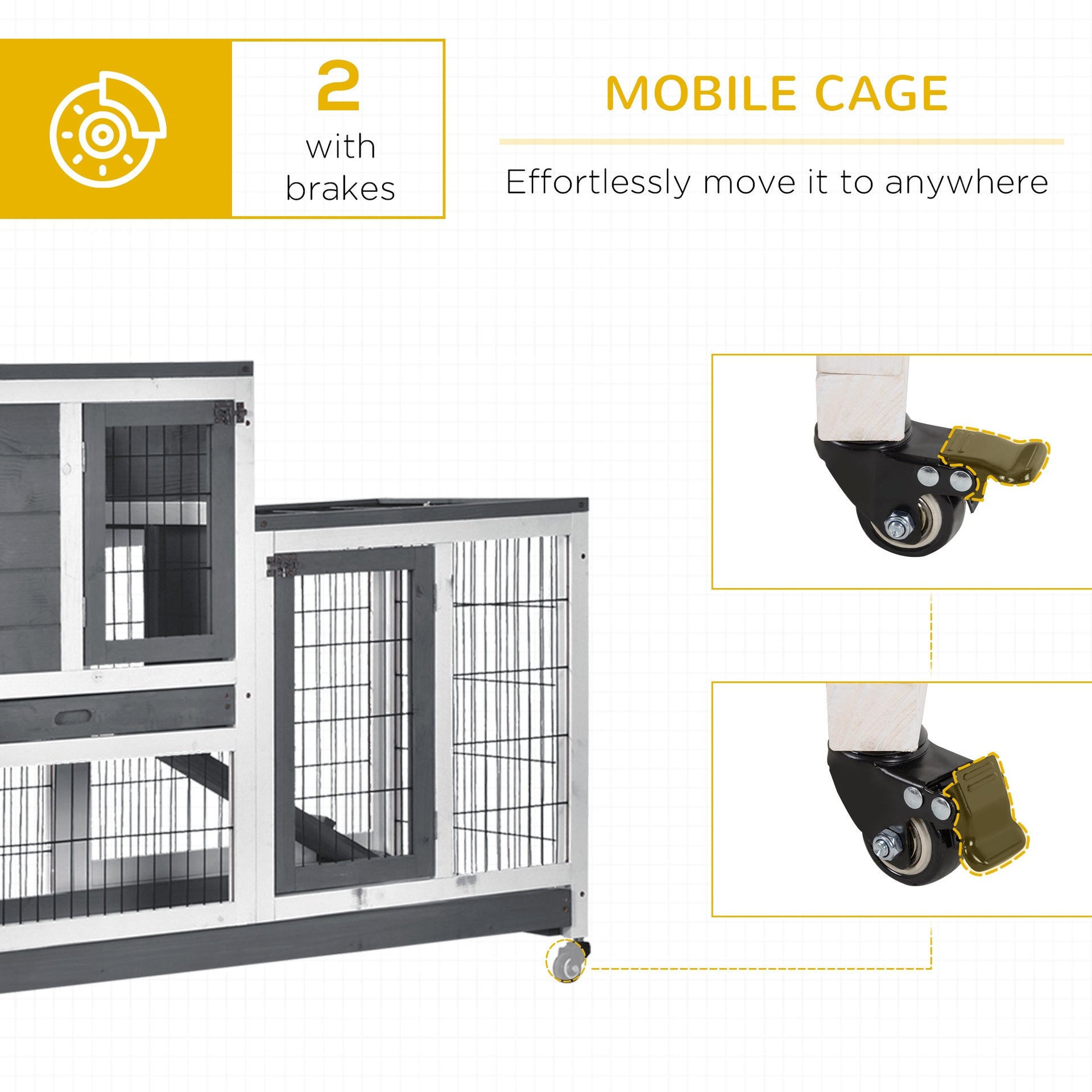 PawHut Wooden Rabbit Hutch Elevated Bunny Cage Indoor Small Animal Habitat with Enclosed Run with Wheels, Ramp, Removable Tray for Rabbits, Chickens, Ducks, Guinea Pigs, Gray