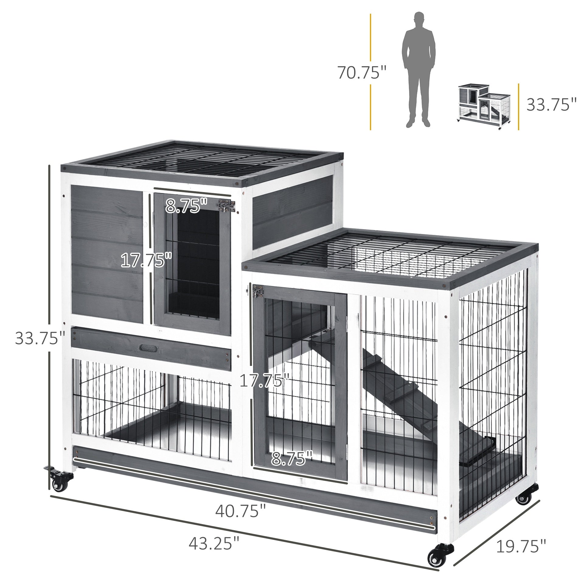 PawHut Wooden Rabbit Hutch Elevated Bunny Cage Indoor Small Animal Habitat with Enclosed Run with Wheels, Ramp, Removable Tray for Rabbits, Chickens, Ducks, Guinea Pigs, Gray