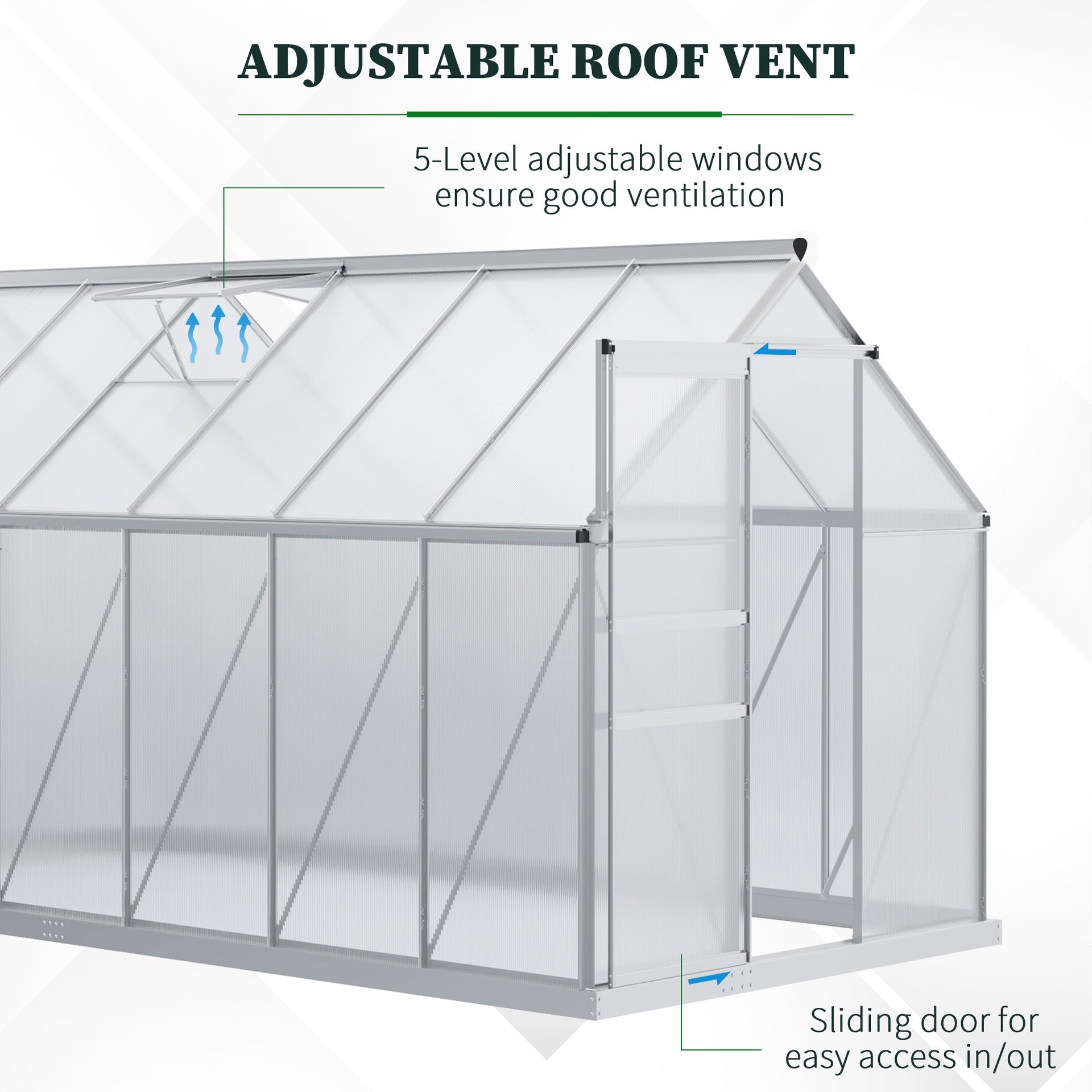 Outsunny 12' x 6' x 6.5' Polycarbonate Greenhouse with Aluminum Frame, Walk-in Heavy Duty Green House with Adjustable Roof Vent, Rain Gutter and Sliding Door for Winter, Silver
