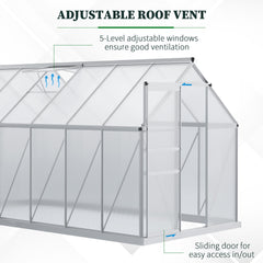 Outsunny 12' x 6' x 6.5' Polycarbonate Greenhouse with Aluminum Frame, Walk-in Heavy Duty Green House with Adjustable Roof Vent, Rain Gutter and Sliding Door for Winter, Silver