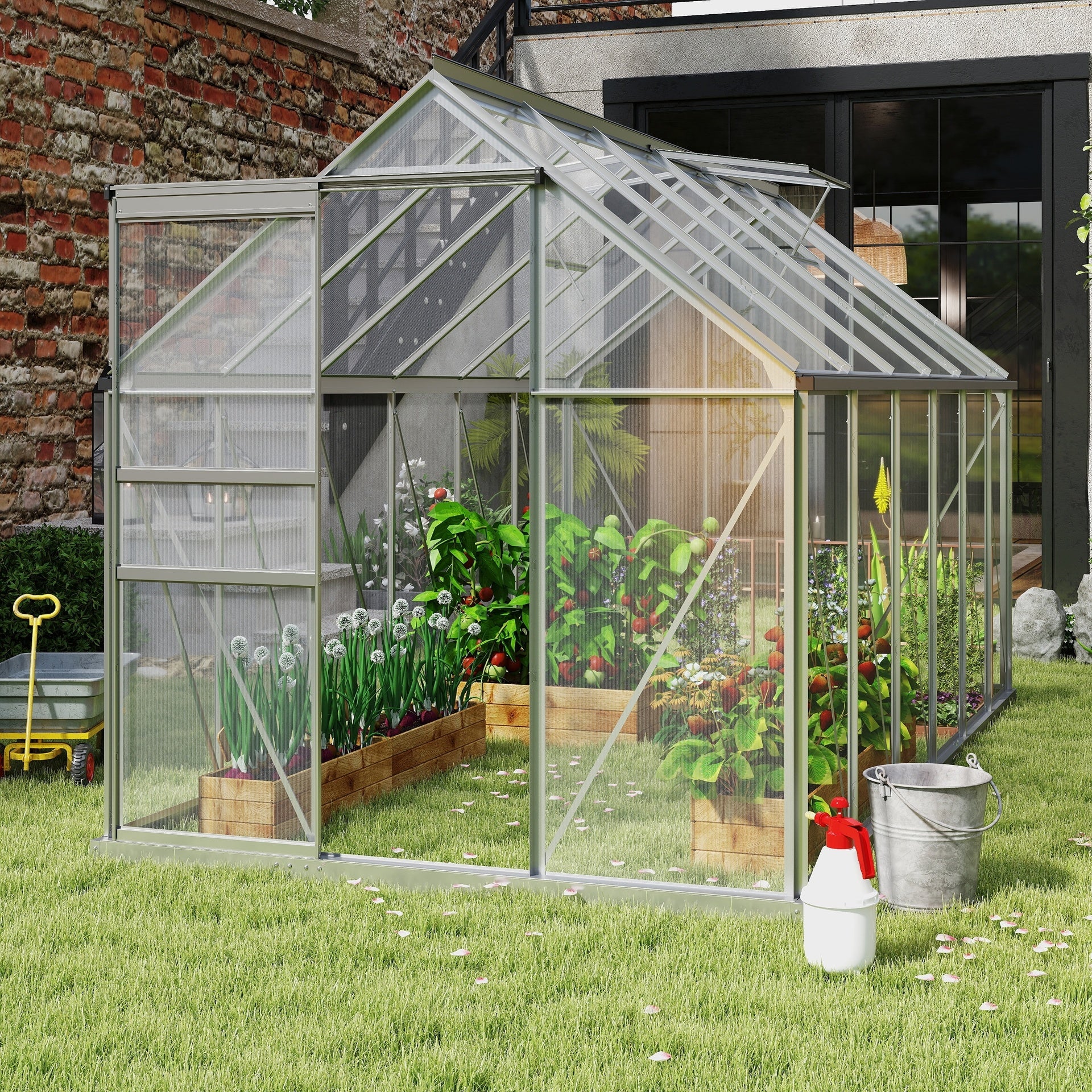 Outsunny 12' x 6' x 6.5' Polycarbonate Greenhouse with Aluminum Frame, Walk-in Heavy Duty Green House with Adjustable Roof Vent, Rain Gutter and Sliding Door for Winter, Silver