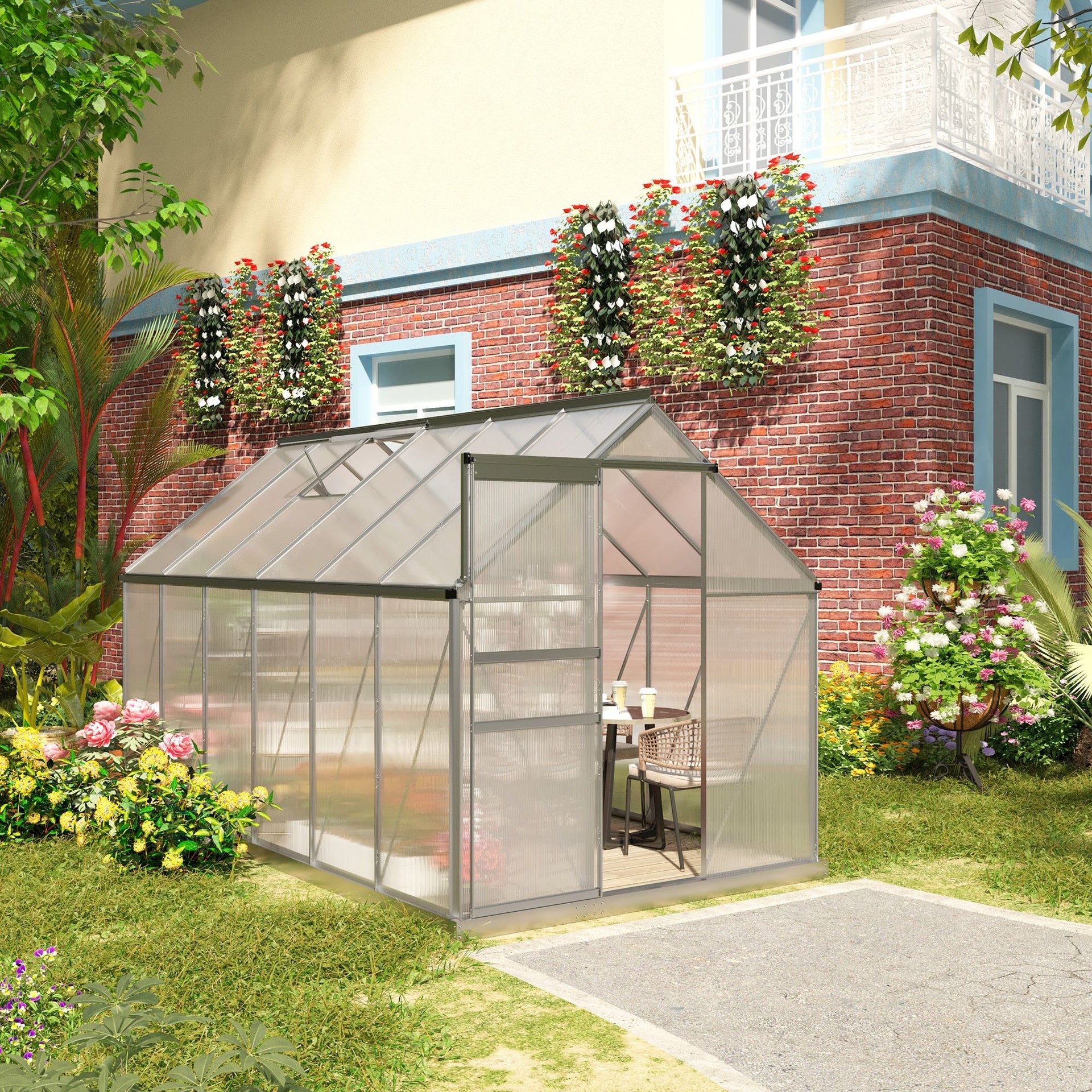 Outsunny 12' x 6' x 6.5' Polycarbonate Greenhouse with Aluminum Frame, Walk-in Heavy Duty Green House with Adjustable Roof Vent, Rain Gutter and Sliding Door for Winter, Silver