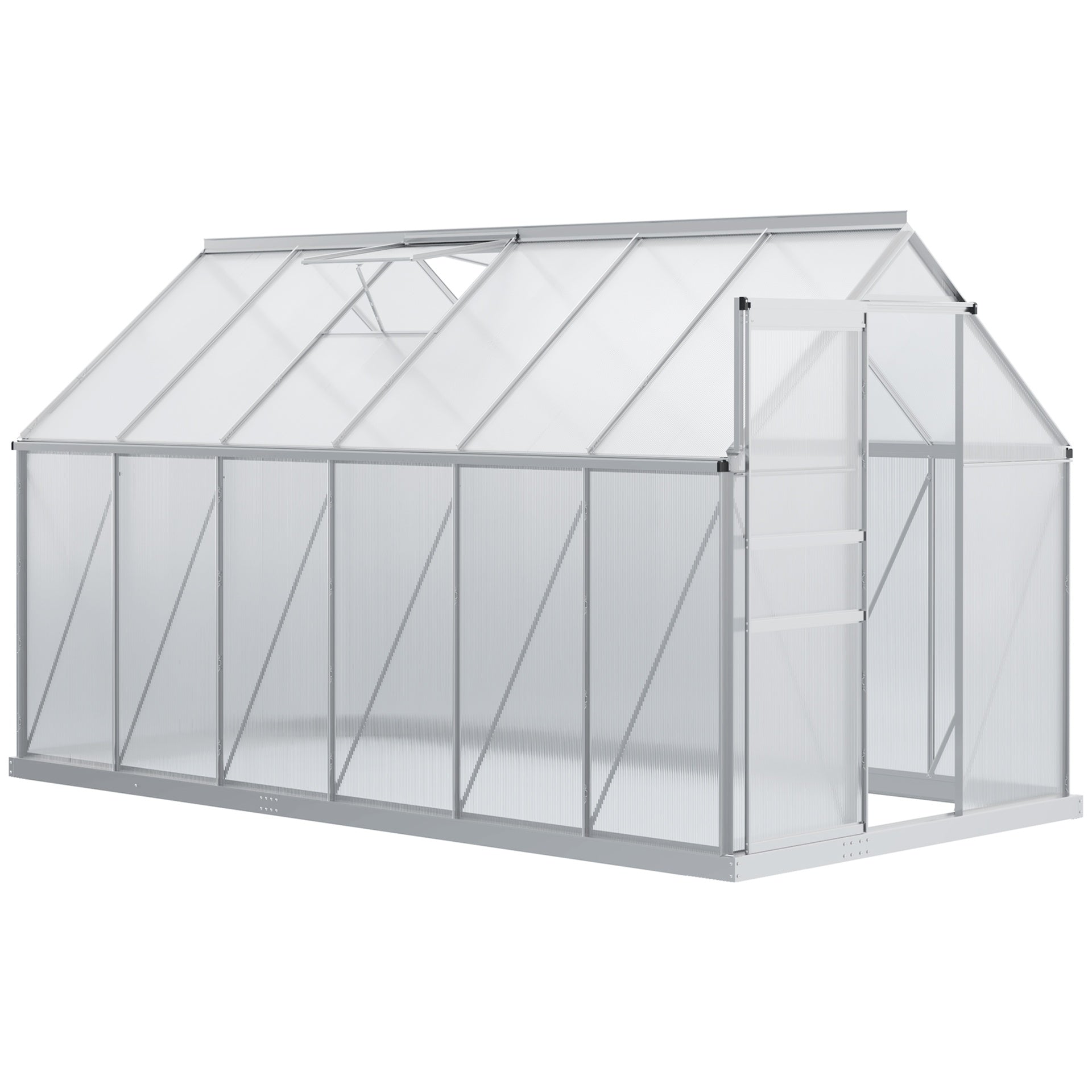 Outsunny 12' x 6' x 6.5' Polycarbonate Greenhouse with Aluminum Frame, Walk-in Heavy Duty Green House with Adjustable Roof Vent, Rain Gutter and Sliding Door for Winter, Silver