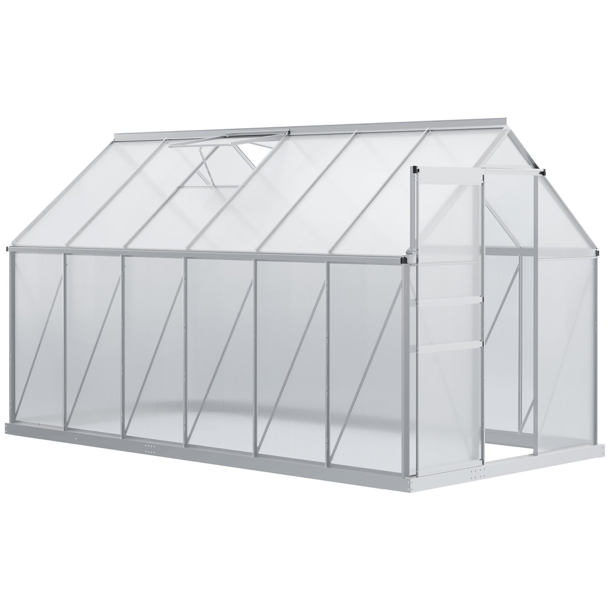 Outsunny 12' x 6' x 6.5' Polycarbonate Greenhouse with Aluminum Frame, Walk-in Heavy Duty Green House with Adjustable Roof Vent, Rain Gutter and Sliding Door for Winter, Silver