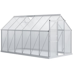 Outsunny 12' x 6' x 6.5' Polycarbonate Greenhouse with Aluminum Frame, Walk-in Heavy Duty Green House with Adjustable Roof Vent, Rain Gutter and Sliding Door for Winter, Silver