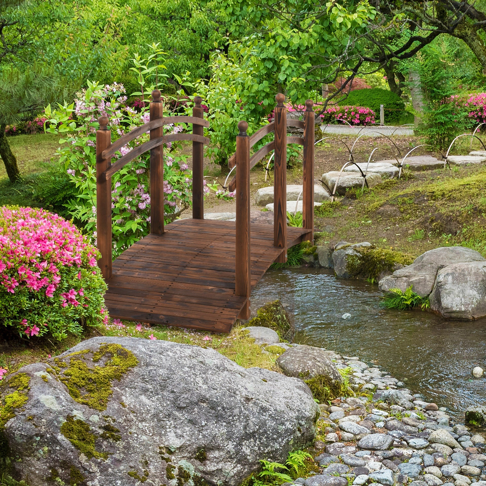 Outsunny 7.5' Fir Wood Garden Bridge Arc Walkway with Side Railings, Perfect for Backyards, Gardens, & Streams, Carbonized