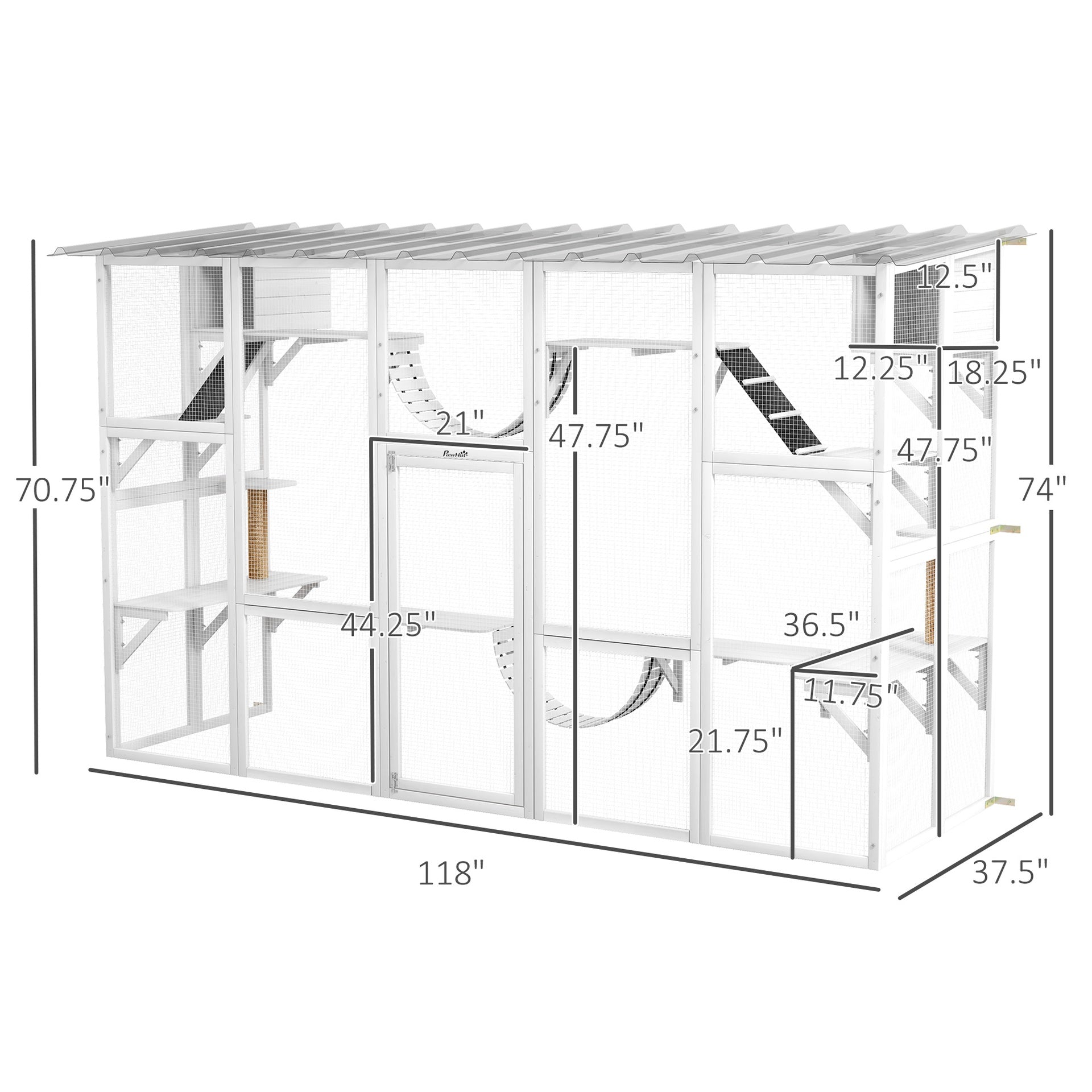 PawHut 118" Large Outdoor Catio Cat Enclosure with Condos, Bridges & Posts, White