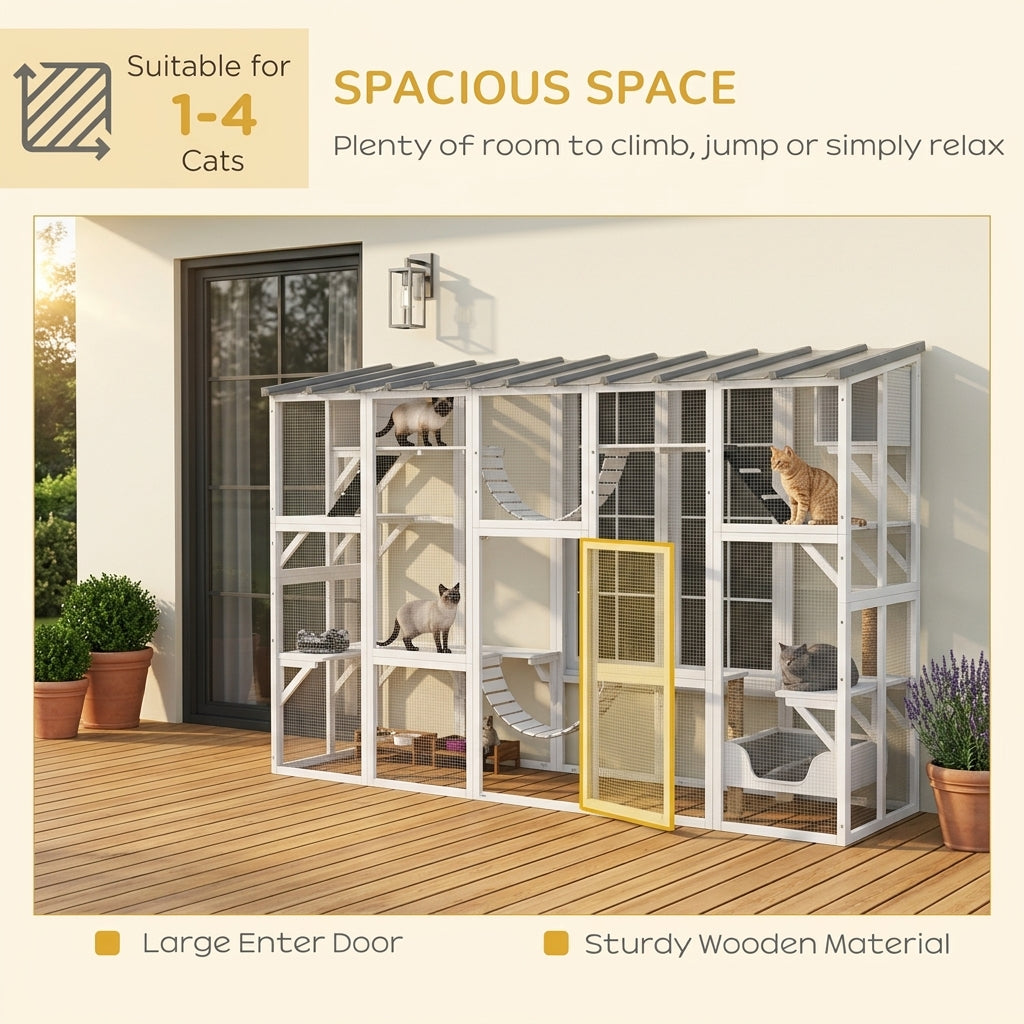 PawHut 118" Large Outdoor Catio Cat Enclosure with Condos, Bridges & Posts, White