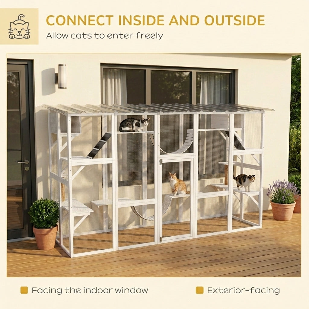 PawHut 118" Large Outdoor Catio Cat Enclosure with Condos, Bridges & Posts, White
