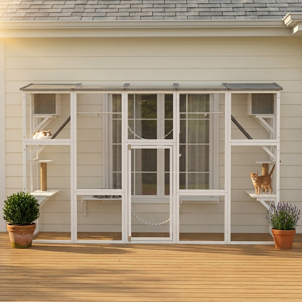 PawHut 118" Large Outdoor Catio Cat Enclosure with Condos, Bridges & Posts, White