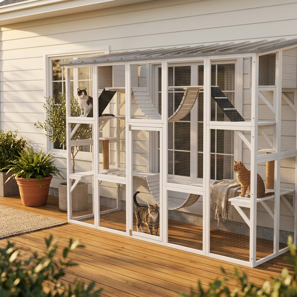 PawHut 118" Large Outdoor Catio Cat Enclosure with Condos, Bridges & Posts, White