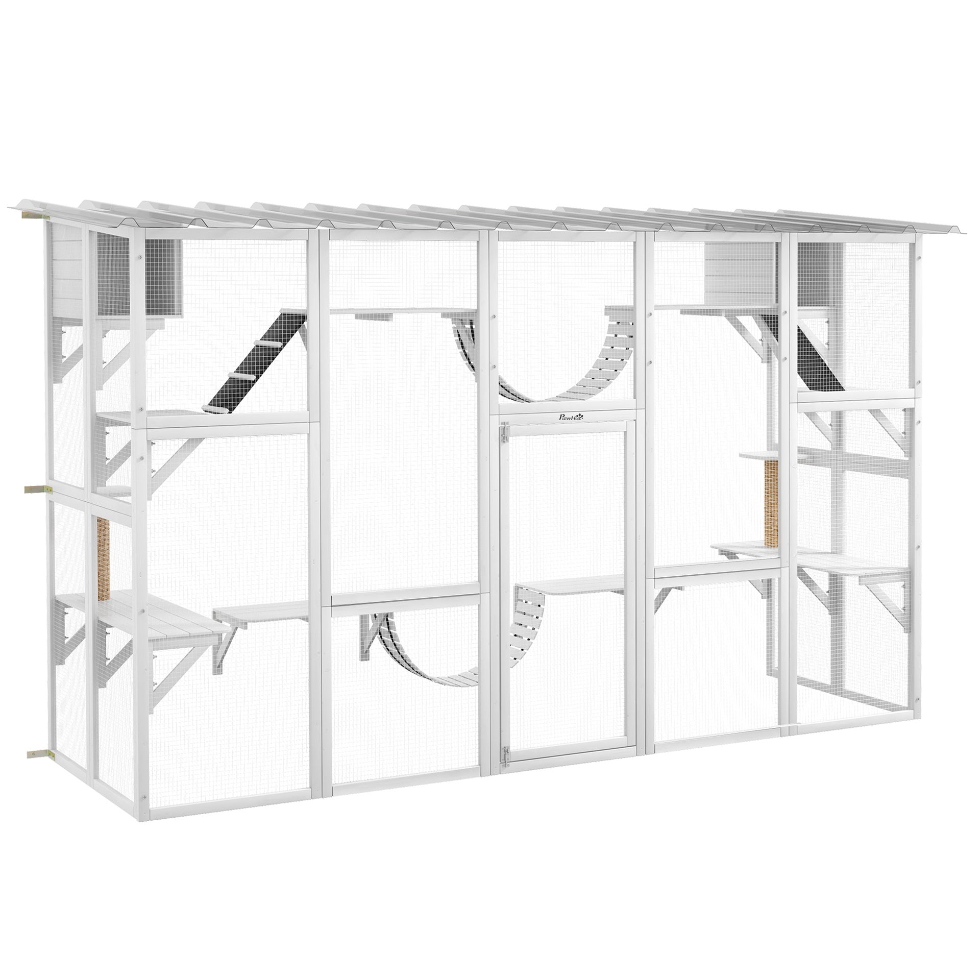 PawHut 118" Large Outdoor Catio Cat Enclosure with Condos, Bridges & Posts, White