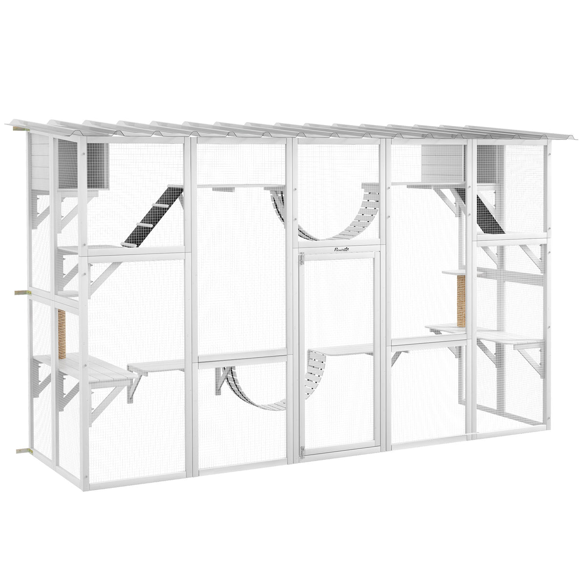 PawHut 118" Large Outdoor Catio Cat Enclosure with Condos, Bridges & Posts, White