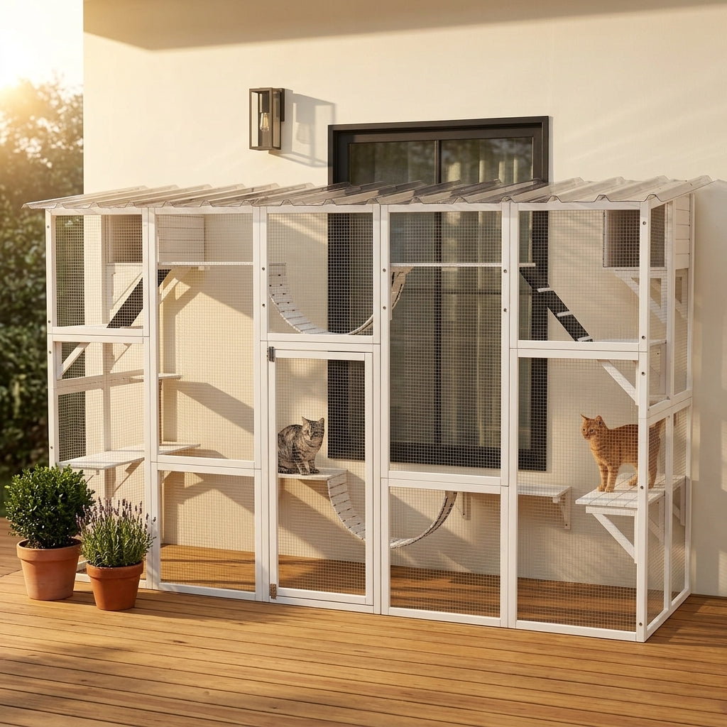 PawHut 118" Large Outdoor Catio Cat Enclosure with Condos, Bridges & Posts, White