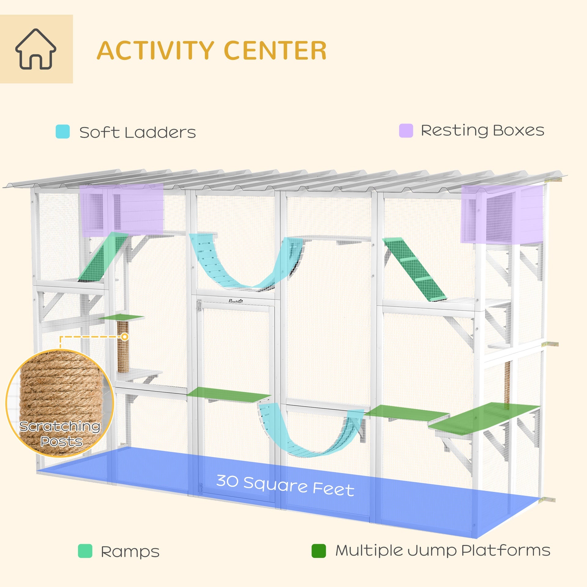 PawHut 118" Large Outdoor Catio Cat Enclosure with Condos, Bridges & Posts, White