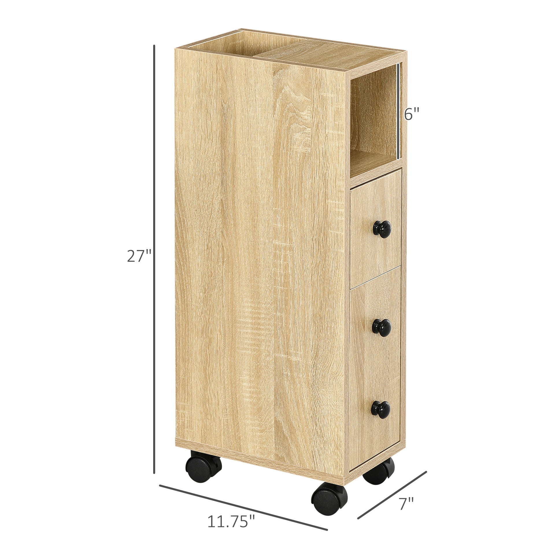 kleankin Freestanding Compact Design Bathroom Cabinet with 2 Open Cabinets, 1 Door Cabinet, 1 Drawer and 4 Rolling Wheels, Oak Grain Color