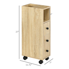 kleankin Freestanding Compact Design Bathroom Cabinet with 2 Open Cabinets, 1 Door Cabinet, 1 Drawer and 4 Rolling Wheels, Oak Grain Color