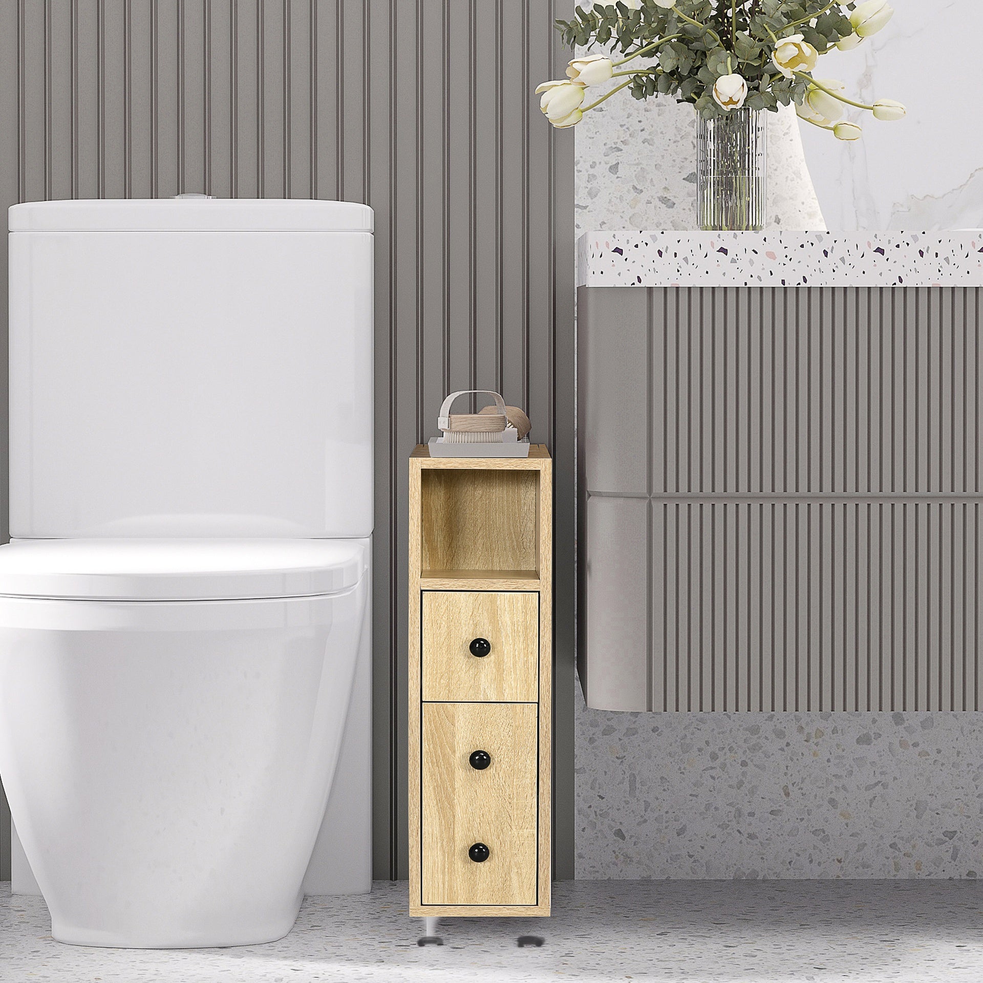 kleankin Freestanding Compact Design Bathroom Cabinet with 2 Open Cabinets, 1 Door Cabinet, 1 Drawer and 4 Rolling Wheels, Oak Grain Color