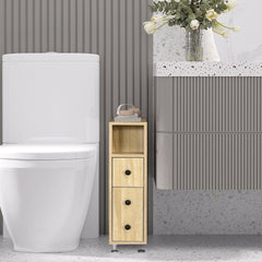 kleankin Freestanding Compact Design Bathroom Cabinet with 2 Open Cabinets, 1 Door Cabinet, 1 Drawer and 4 Rolling Wheels, Oak Grain Color