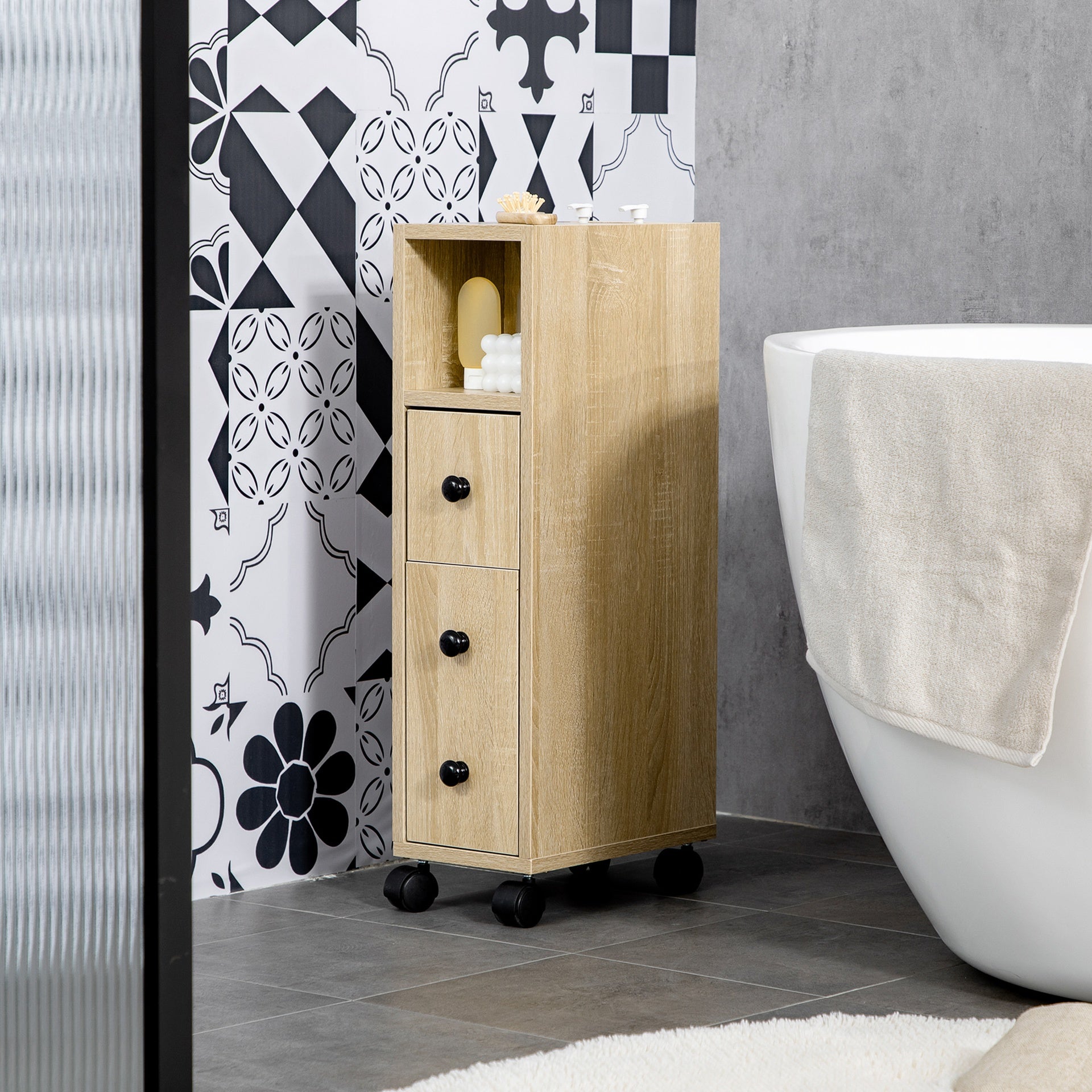 kleankin Freestanding Compact Design Bathroom Cabinet with 2 Open Cabinets, 1 Door Cabinet, 1 Drawer and 4 Rolling Wheels, Oak Grain Color